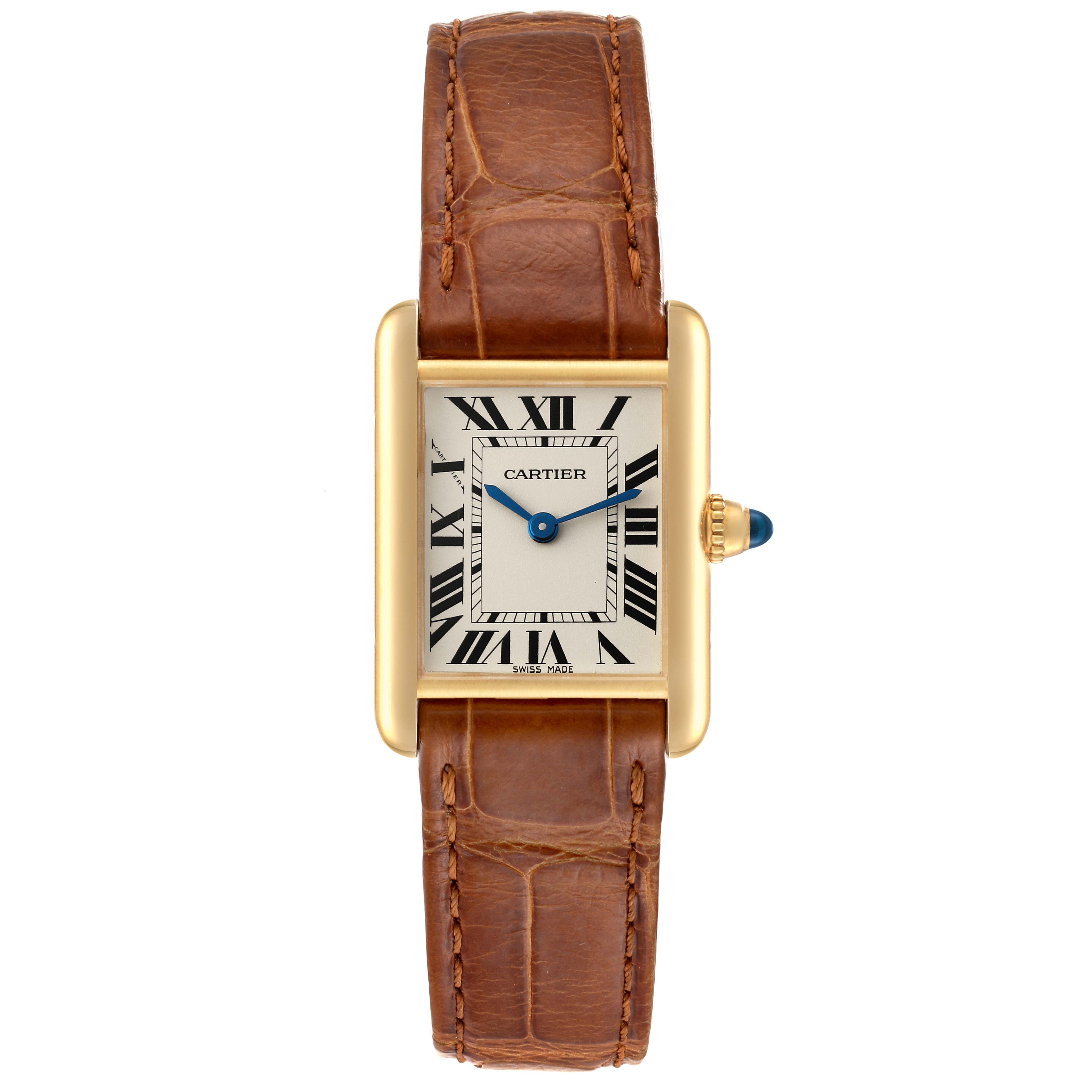 The image shows a front view of a Cartier Tank Louis W1529856 Women's Yellow Gold Silver Dial W1529856 Women's Yellow Gold Silver Dial watch, displaying its brown leather strap, gold case, and Roman numerals.