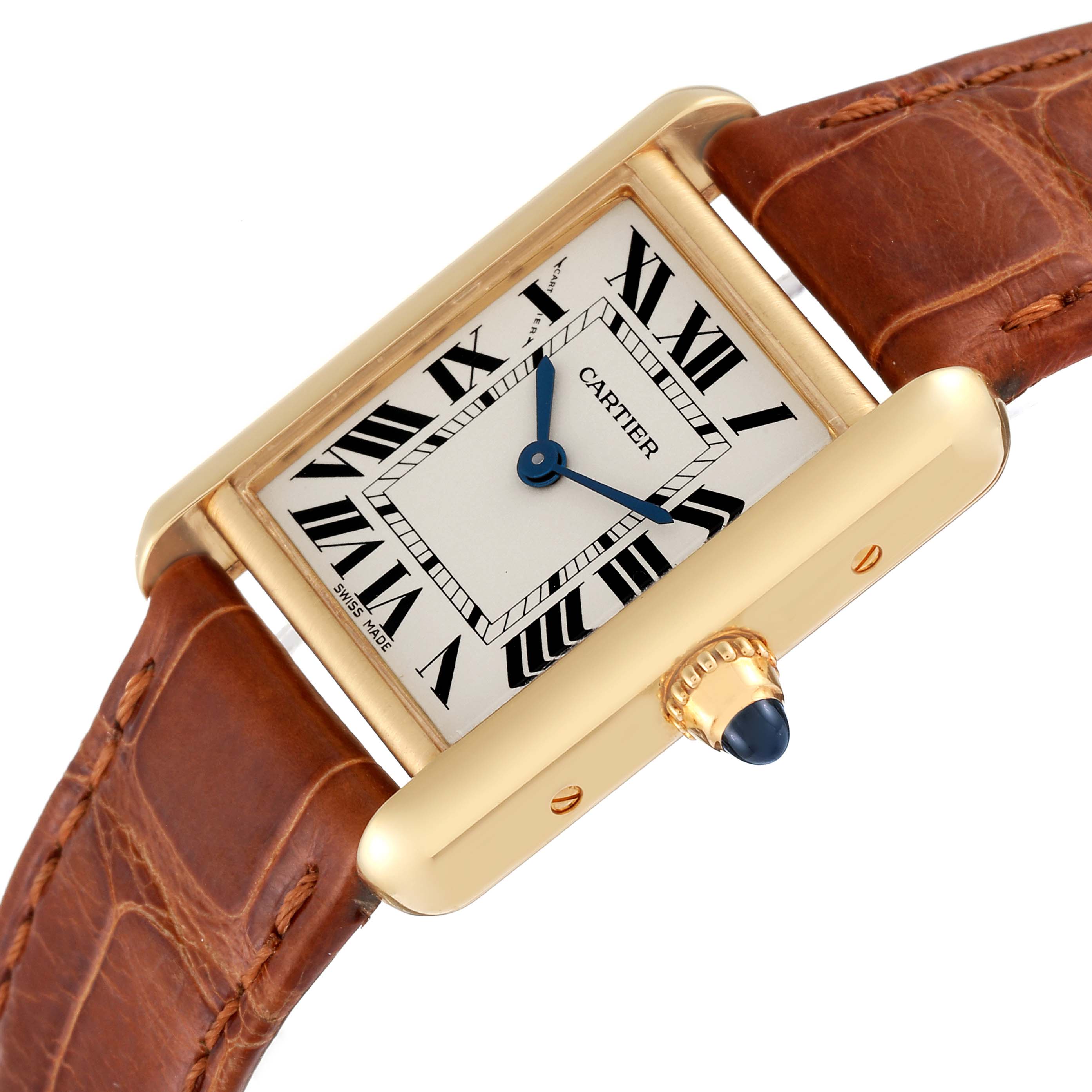 The image shows a close-up of a Cartier Tank Louis W1529856 Women's Yellow Gold Silver Dial W1529856 Women's Yellow Gold Silver Dial watch, displaying its face, crown, and leather strap at an angled view.