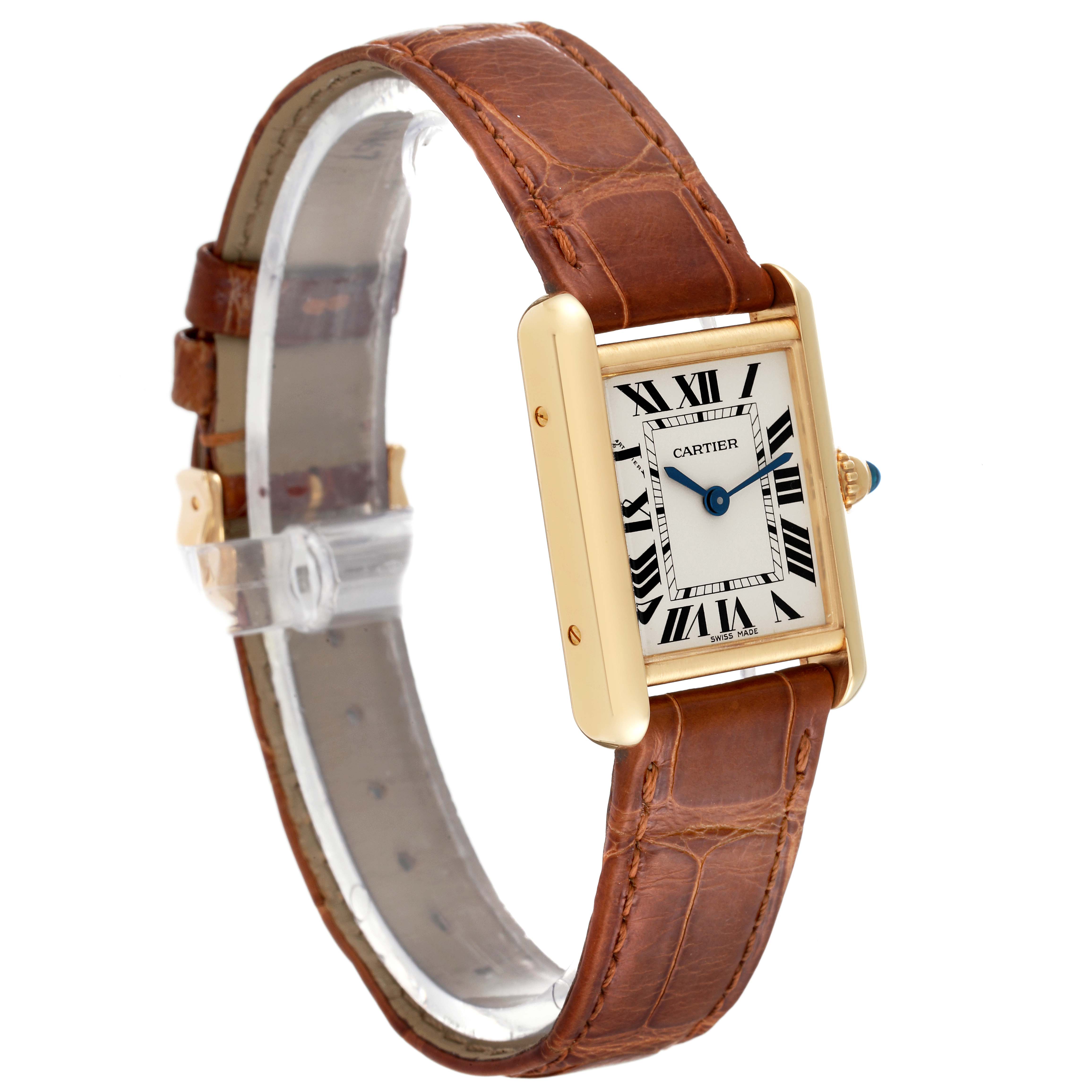 The image shows a Cartier Tank Louis W1529856 Women's Yellow Gold Silver Dial W1529856 Women's Yellow Gold Silver Dial watch at a slight angle, highlighting its rectangular face and brown leather strap.