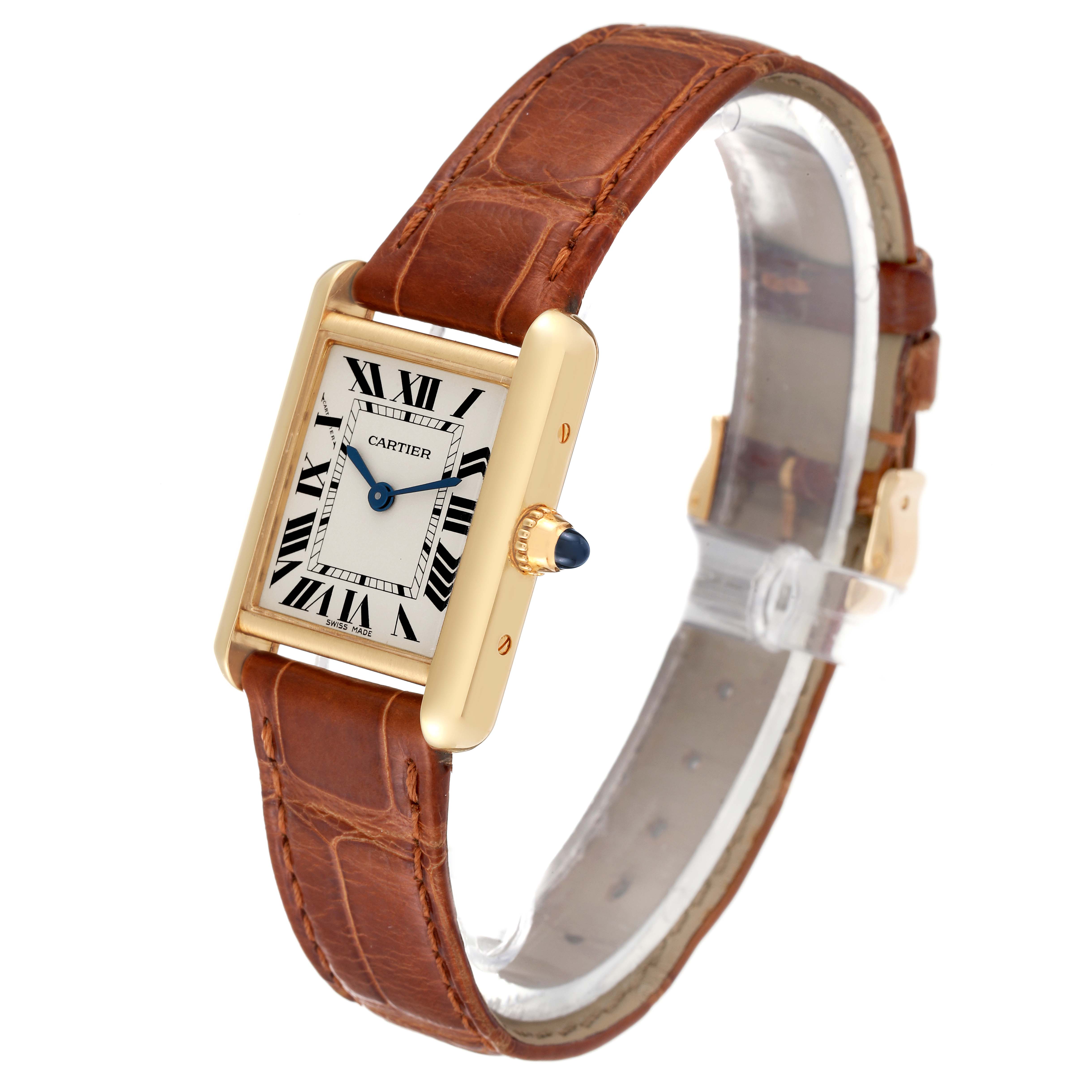 This Cartier Tank Louis W1529856 Women's Yellow Gold Silver Dial W1529856 Women's Yellow Gold Silver Dial watch is shown at a slight angle, featuring the face, crown, and brown leather strap.