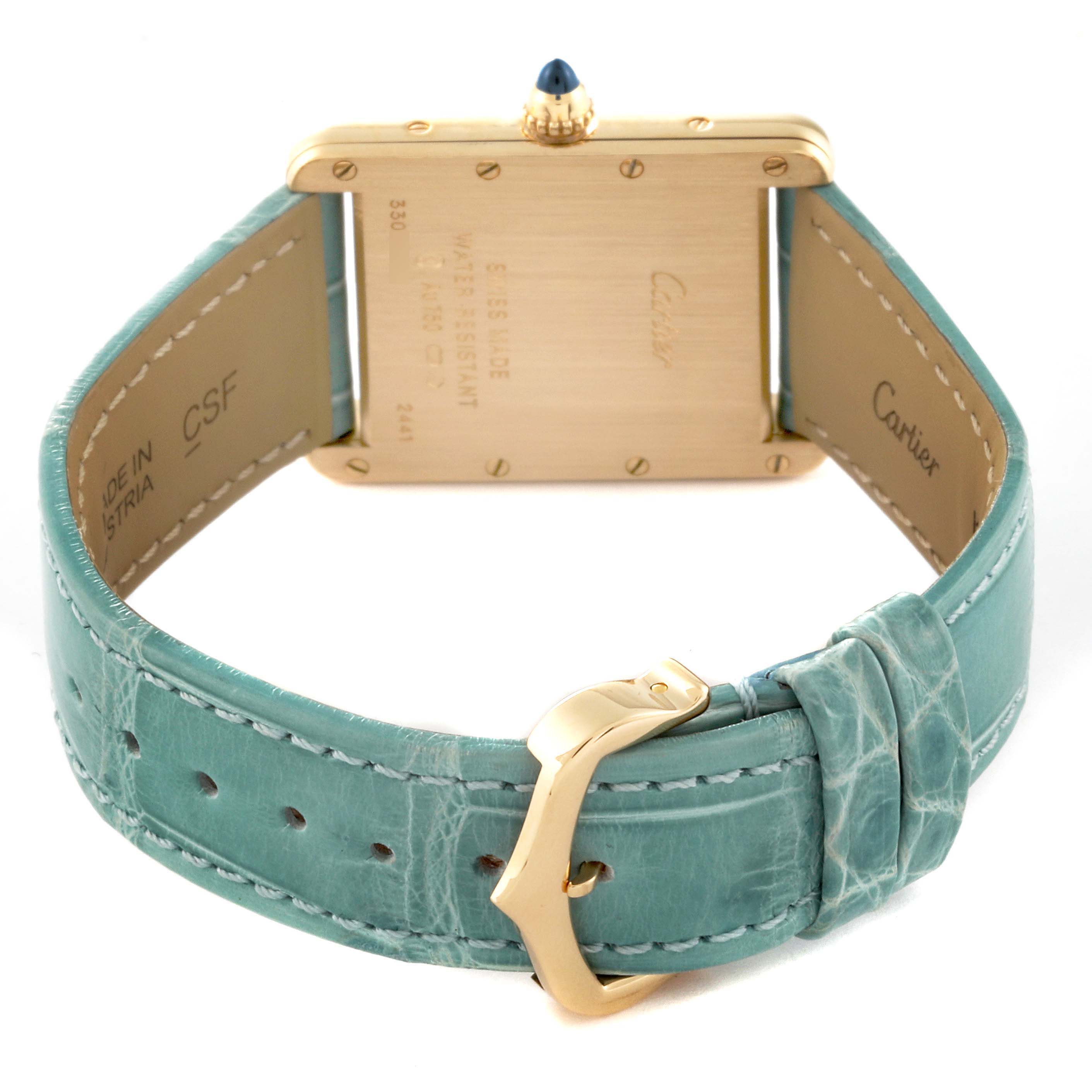 The image shows the back and clasp of the Cartier Tank Louis W1529756 Men's Yellow Gold Silver Dial W1529756 Men's Yellow Gold Silver Dial watch, with a teal leather strap and gold buckle.