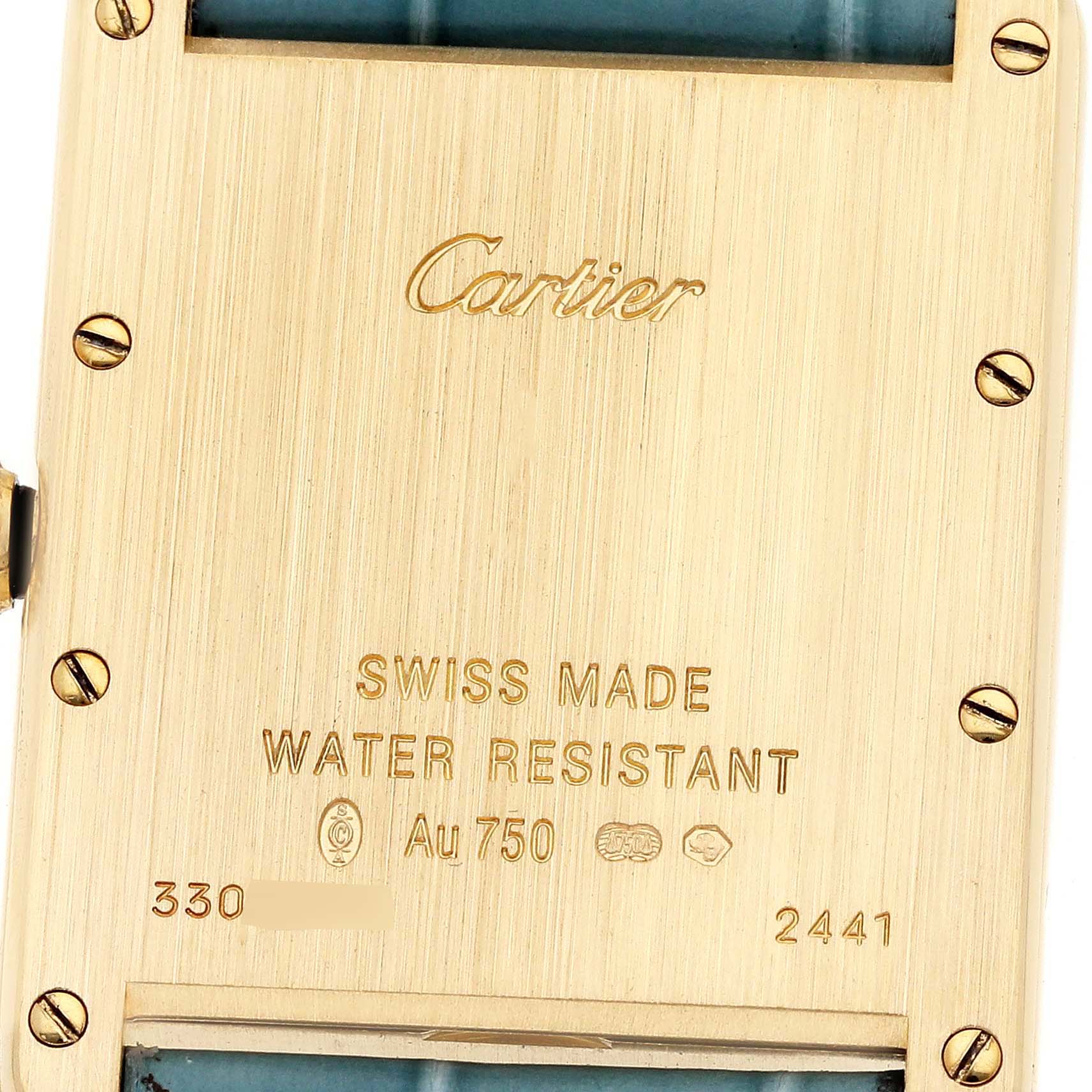 The image shows the back case of a Cartier Tank Louis W1529756 Men's Yellow Gold Silver Dial W1529756 Men's Yellow Gold Silver Dial watch, highlighting engravings such as "Swiss Made" and "Water Resistant."