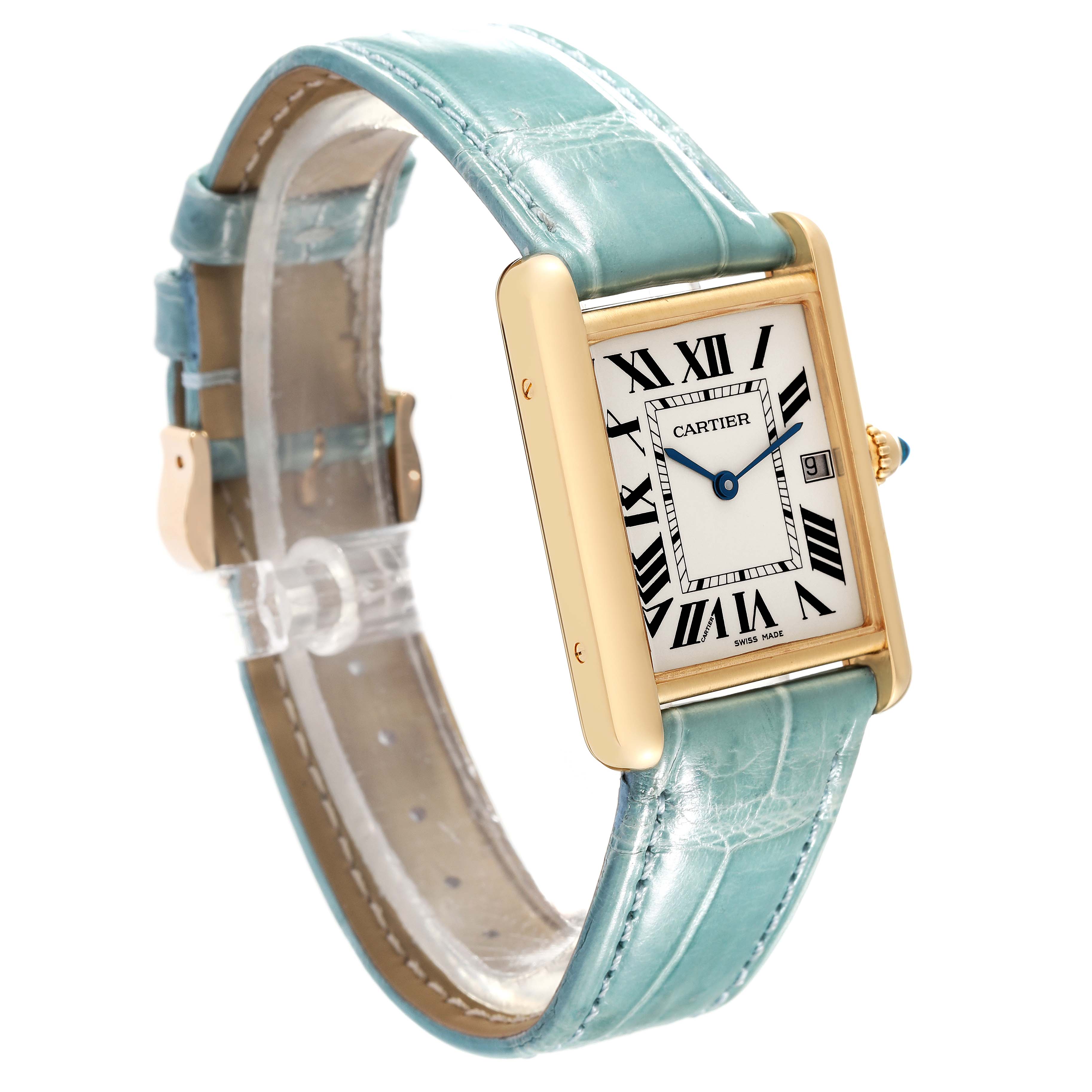 This image shows a Tank Louis Cartier watch angled to display its rectangular face, gold casing, and light blue leather strap.
