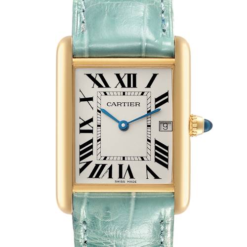 The image shows a frontal view of a Cartier Tank Louis watch, featuring its dial, case, and strap.