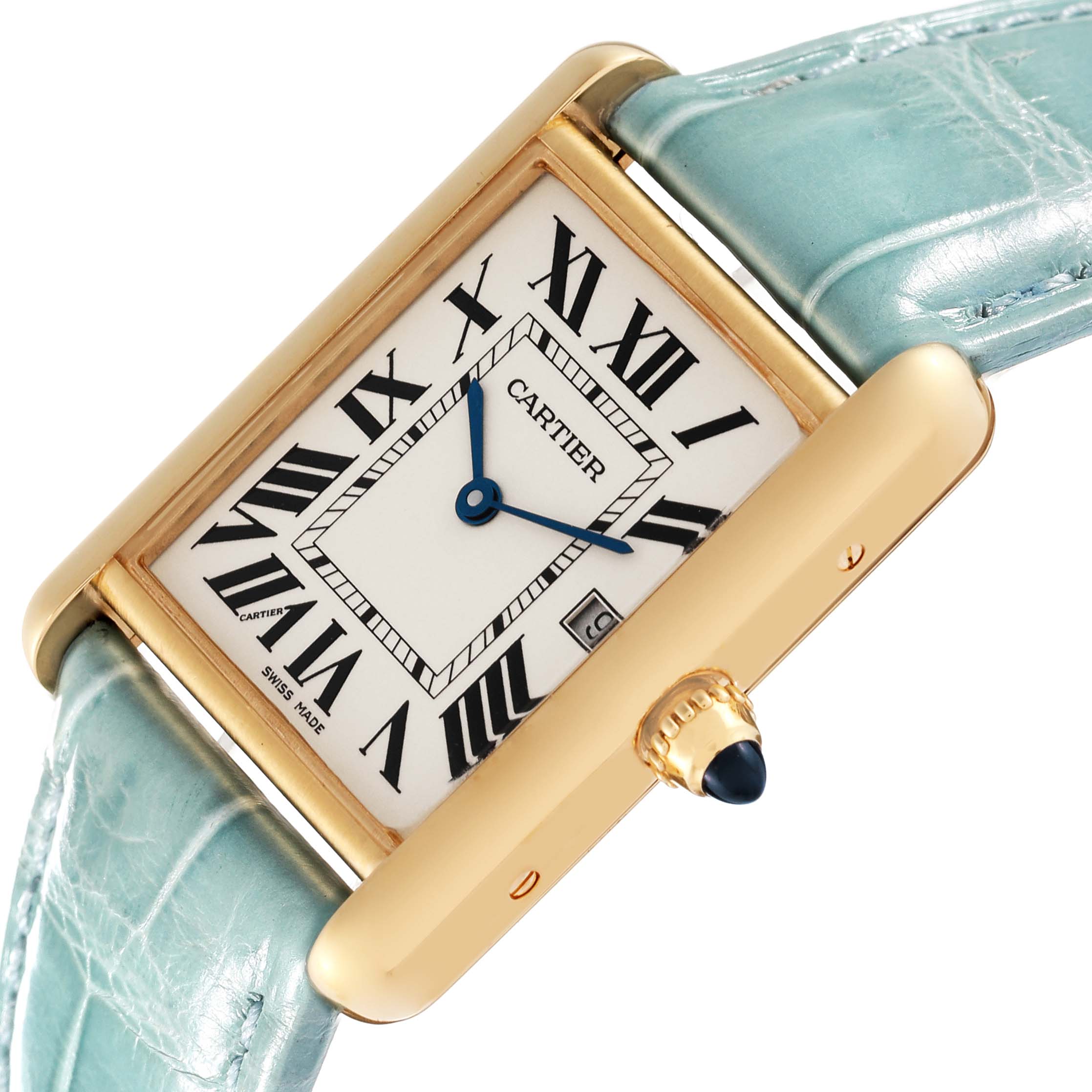 The image shows a close-up angle of a Cartier Tank Louis W1529756 Men's Yellow Gold Silver Dial W1529756 Men's Yellow Gold Silver Dial watch, highlighting its face, Roman numerals, and crown with a blue cabochon.