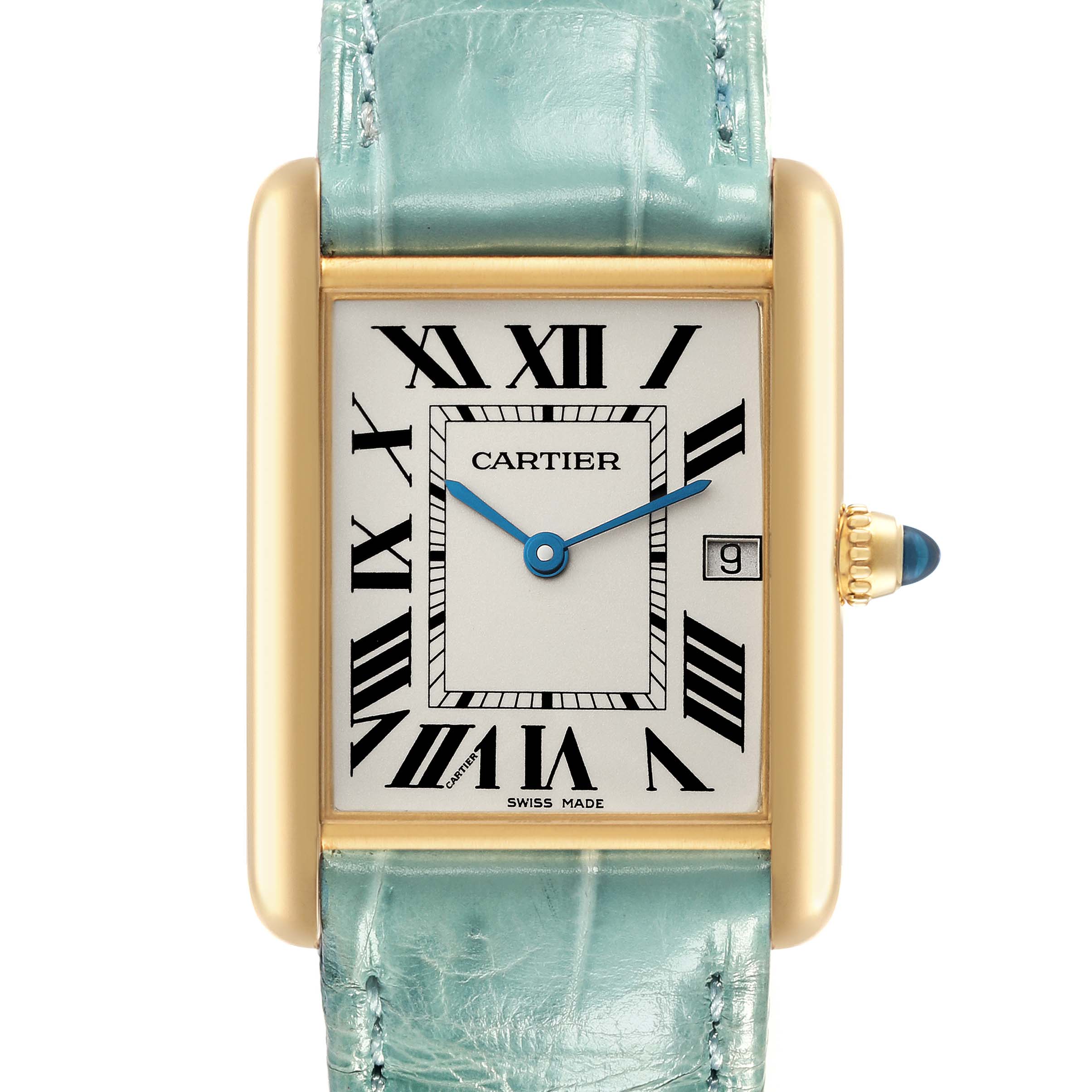 The Cartier Tank Louis W1529756 Men's Yellow Gold Silver Dial W1529756 Men's Yellow Gold Silver Dial watch is shown from a front angle, displaying the face, gold casing, and part of the mint green leather strap.