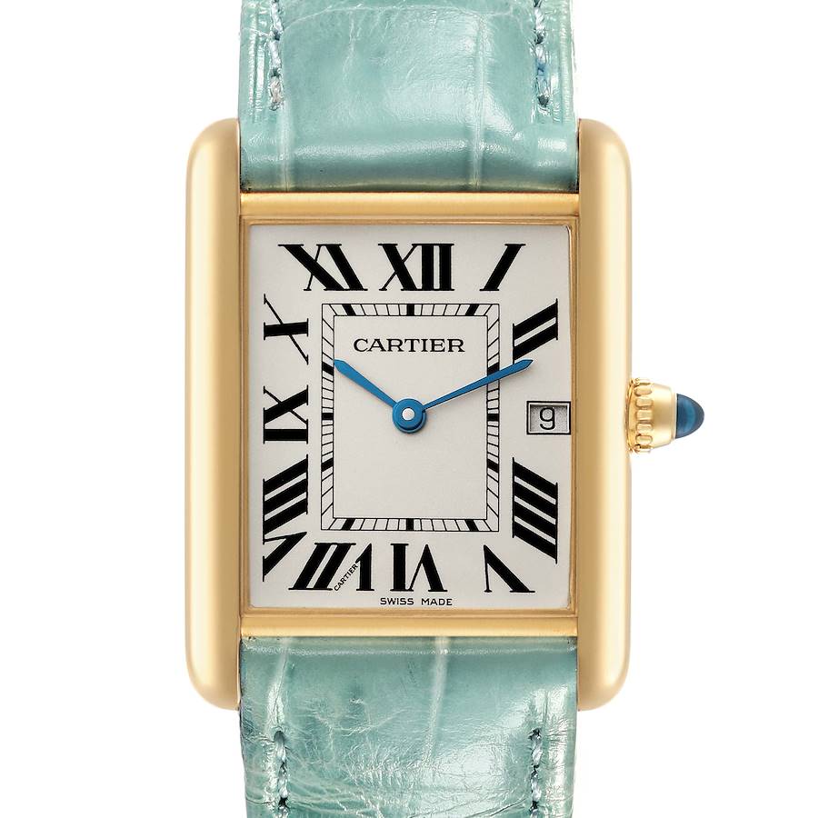 The Cartier Tank Louis watch is shown from a front angle, displaying the face, gold casing, and part of the mint green leather strap.