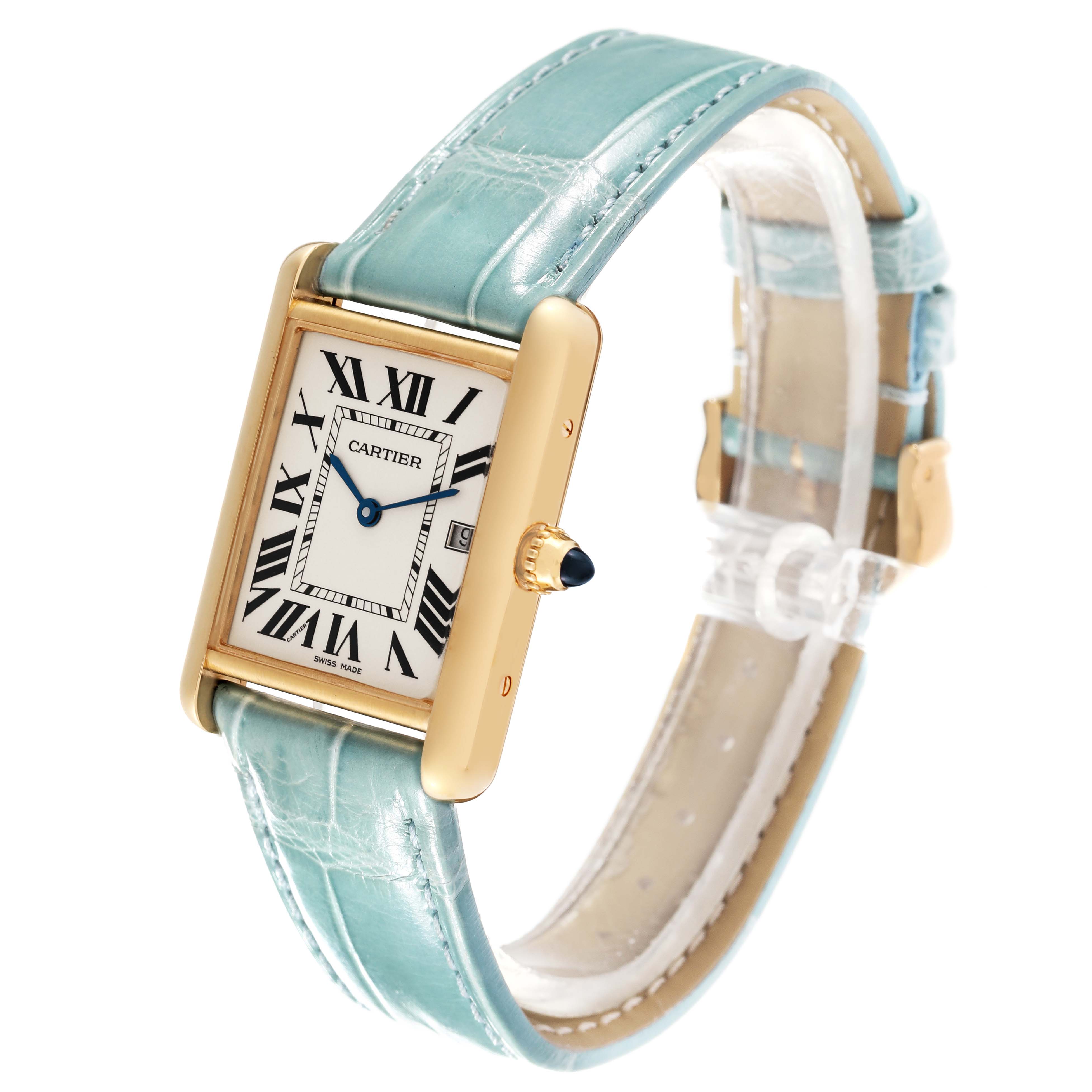 The image shows a Cartier Tank Louis W1529756 Men's Yellow Gold Silver Dial W1529756 Men's Yellow Gold Silver Dial watch from a front angle, highlighting its face, bezel, and aqua-colored strap.