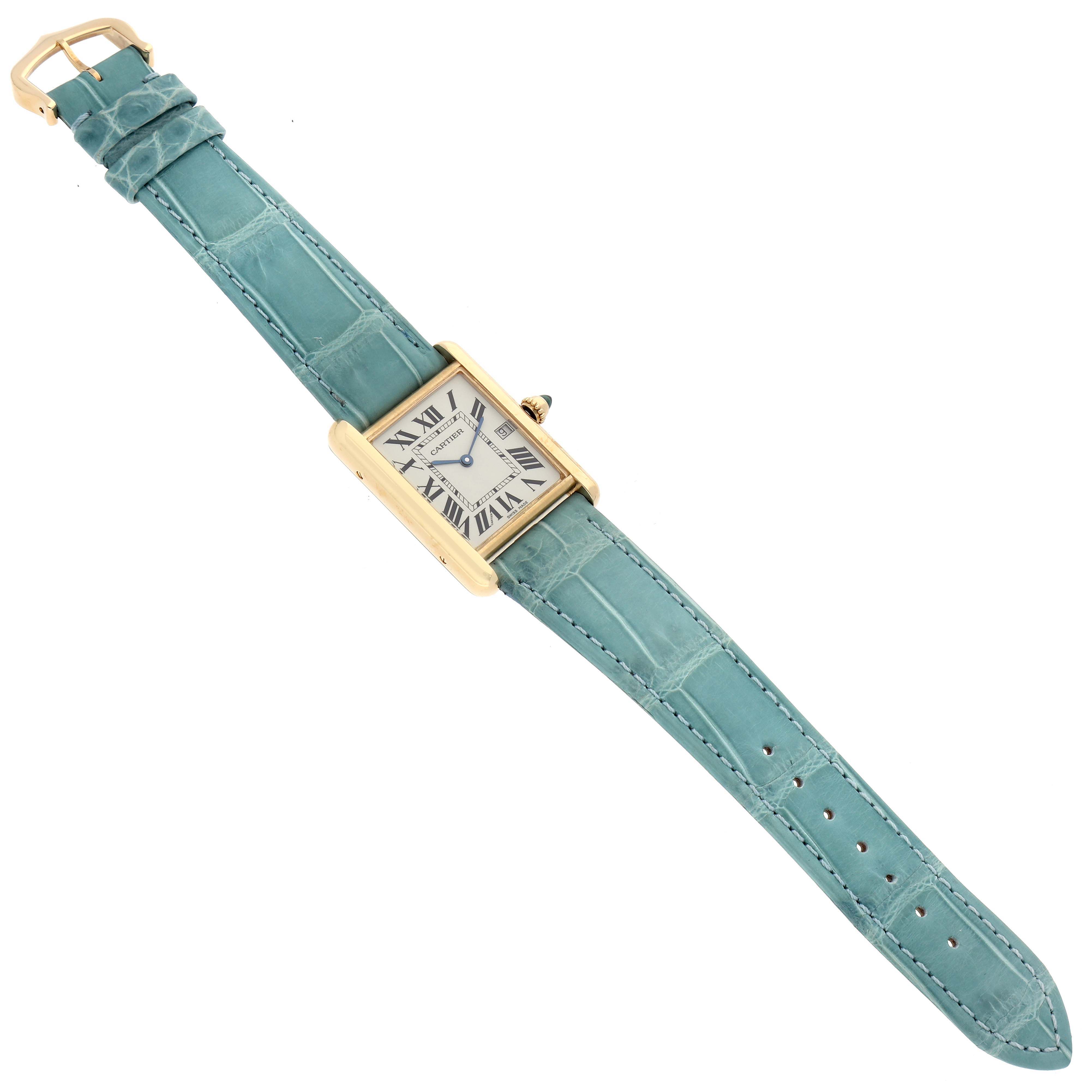 The image shows a Cartier Tank Louis W1529756 Men's Yellow Gold Silver Dial W1529756 Men's Yellow Gold Silver Dial watch, top view, featuring a rectangular gold case and teal alligator strap.