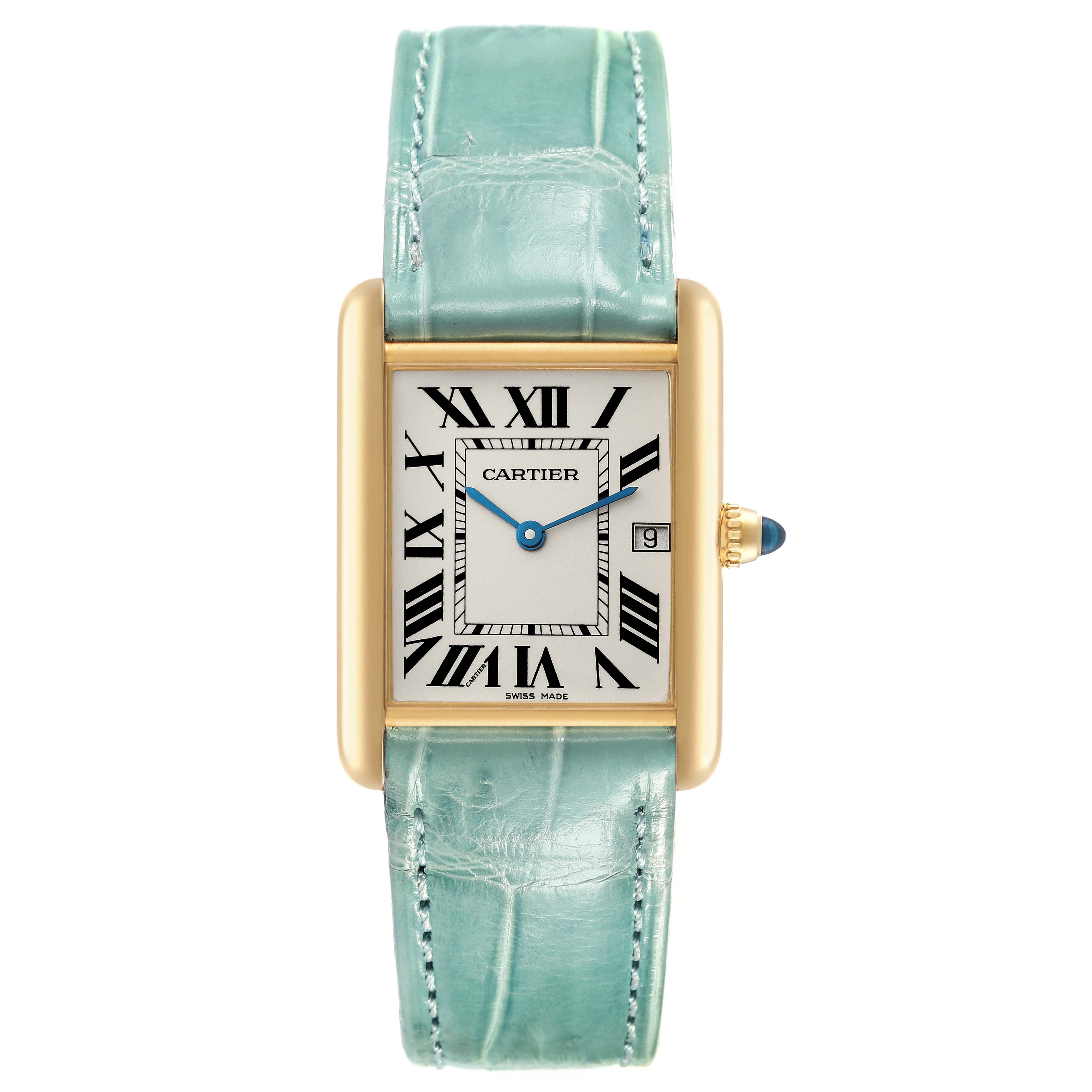 The image shows a front view of the Tank Louis watch model by Cartier with a blue-green leather strap and gold case.