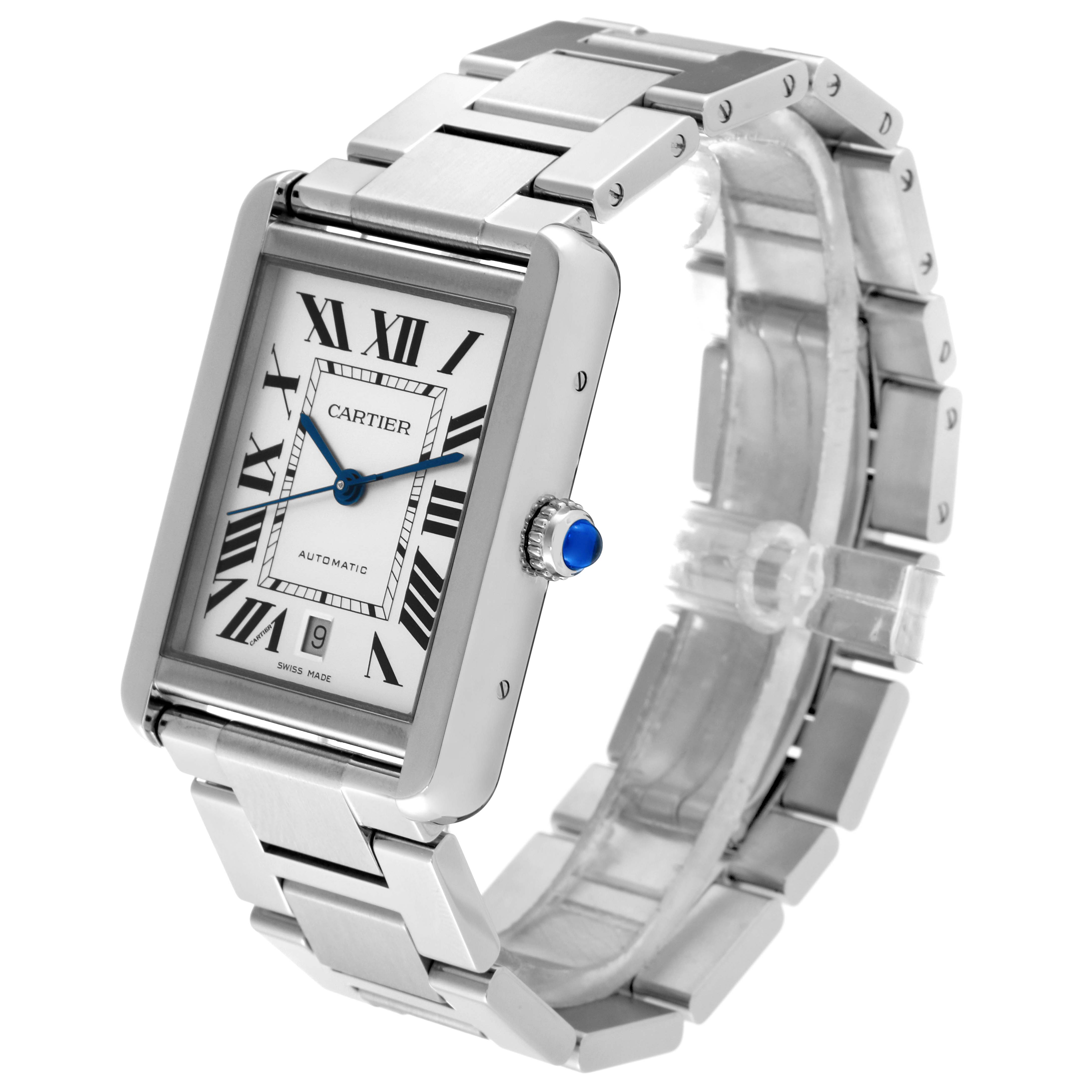 The Cartier Tank Solo W5200028 Men's Stainless Steel Silver Dial W5200028 Men's Stainless Steel Silver Dial watch is shown at a three-quarter angle, displaying its rectangular case, dial, and metal bracelet.