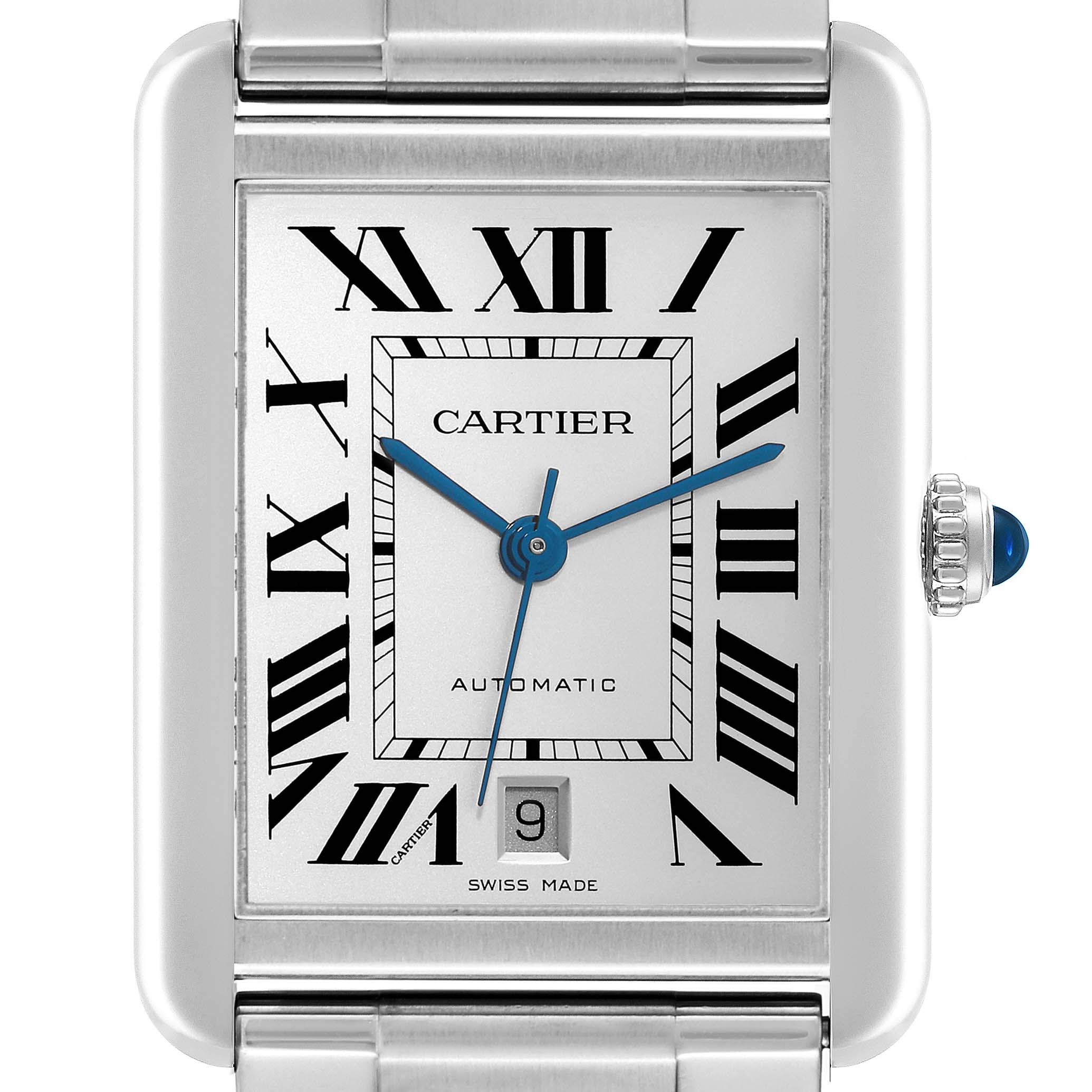 The Cartier Tank Solo W5200028 Men's Stainless Steel Silver Dial W5200028 Men's Stainless Steel Silver Dial watch is shown from the front, displaying the dial, Roman numerals, hands, date window, and a portion of the bracelet.