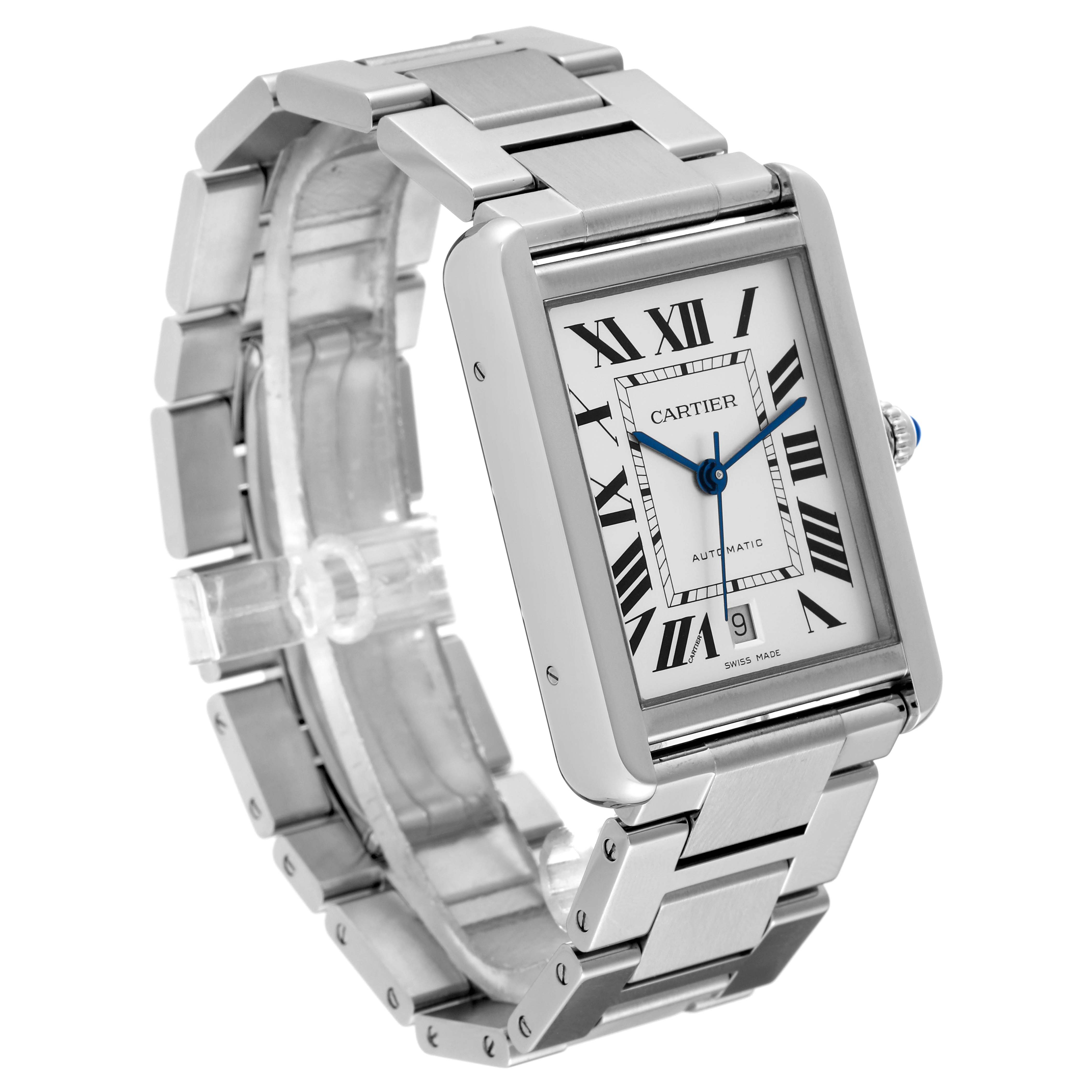 This photo shows the Cartier Tank Solo W5200028 Men's Stainless Steel Silver Dial W5200028 Men's Stainless Steel Silver Dial watch at a three-quarter angle, displaying its face, bezel, and bracelet.