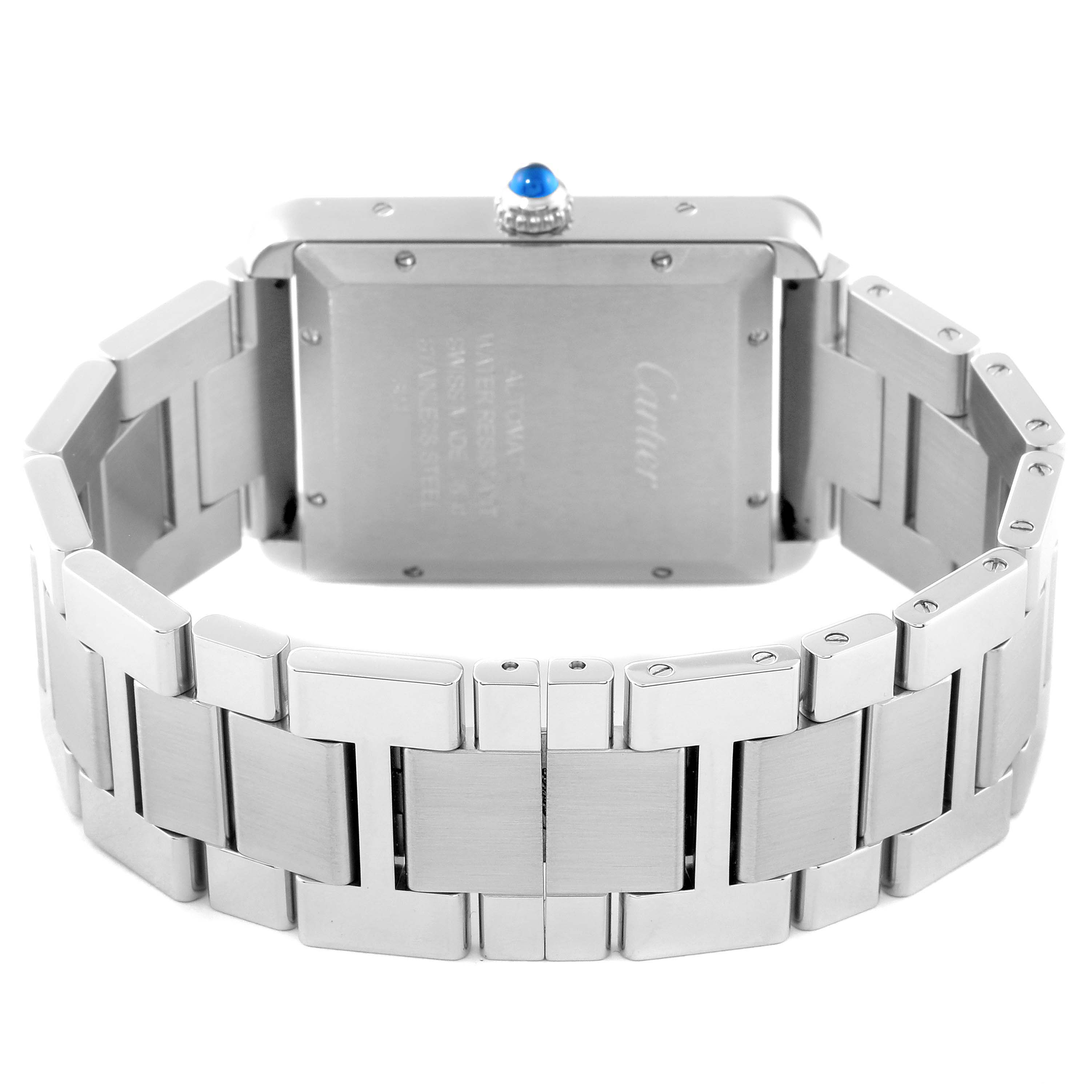 This image shows the back view of the Cartier Tank Solo W5200028 Men's Stainless Steel Silver Dial W5200028 Men's Stainless Steel Silver Dial watch, highlighting the case back and stainless steel bracelet.