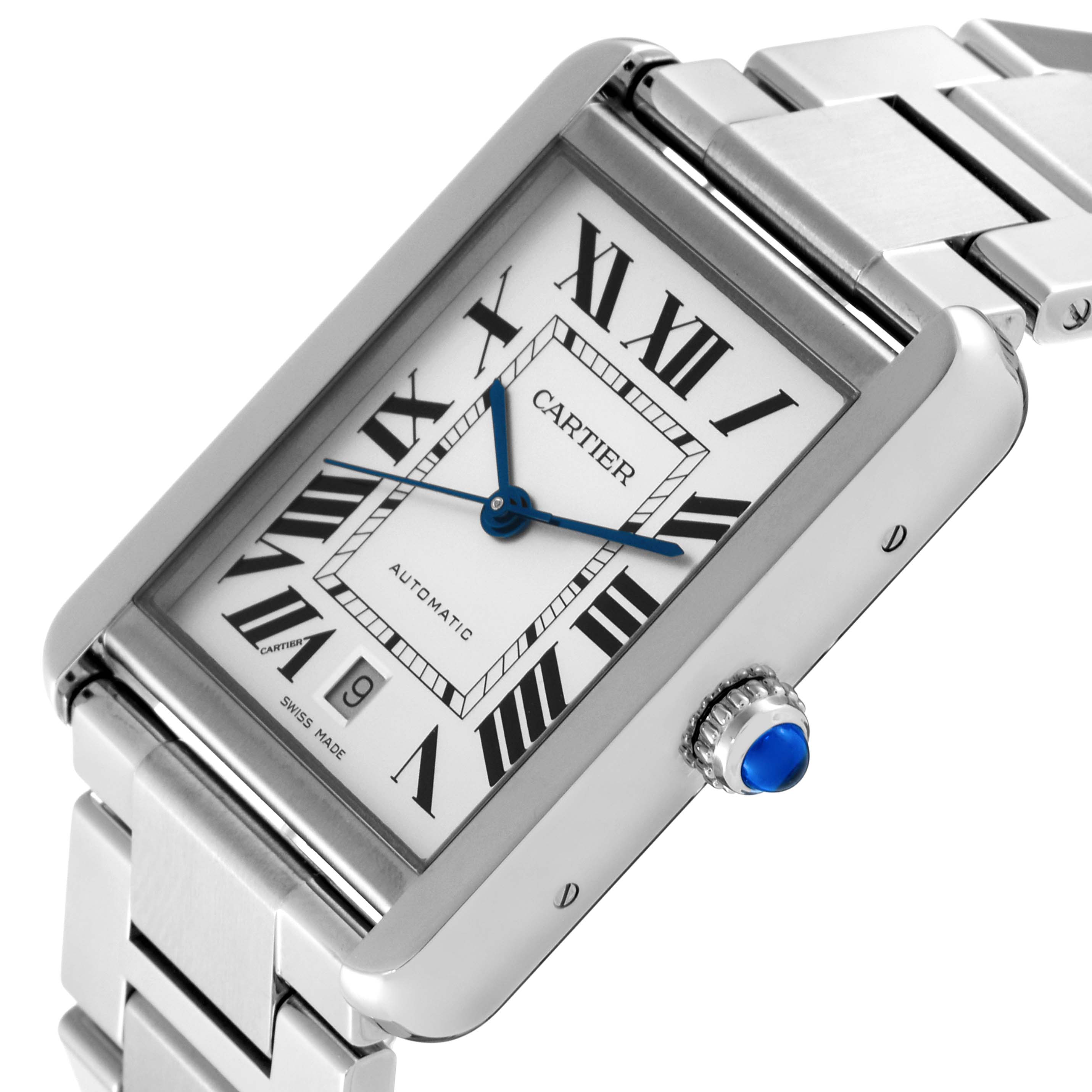 The image shows a close-up angled view of the Cartier Tank Solo W5200028 Men's Stainless Steel Silver Dial W5200028 Men's Stainless Steel Silver Dial watch, highlighting its face, crown, and part of the bracelet.