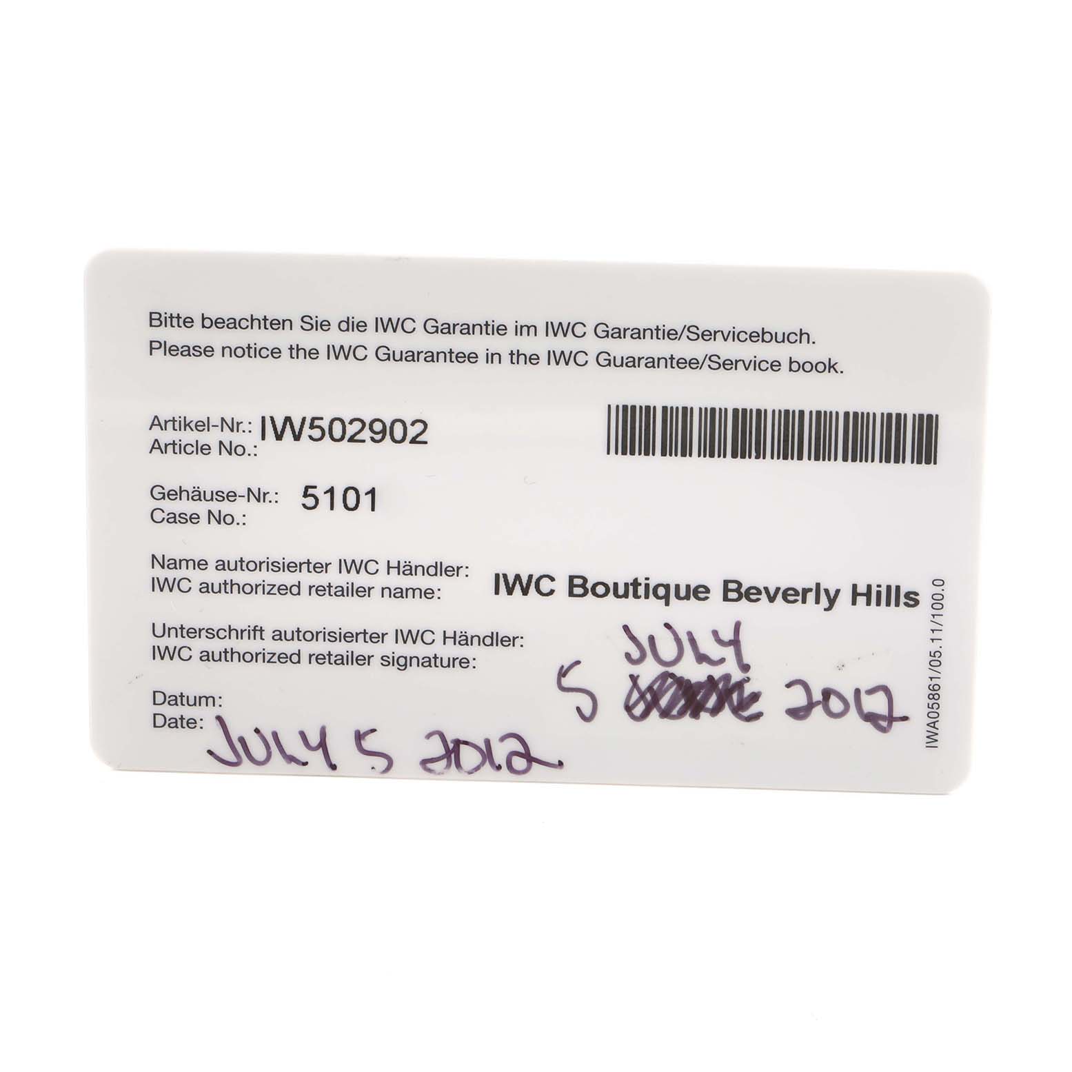 The image shows a warranty card for the IWC Pilot IW502902 Men
s Ceramic Black Dial watch, including details like article and case numbers.