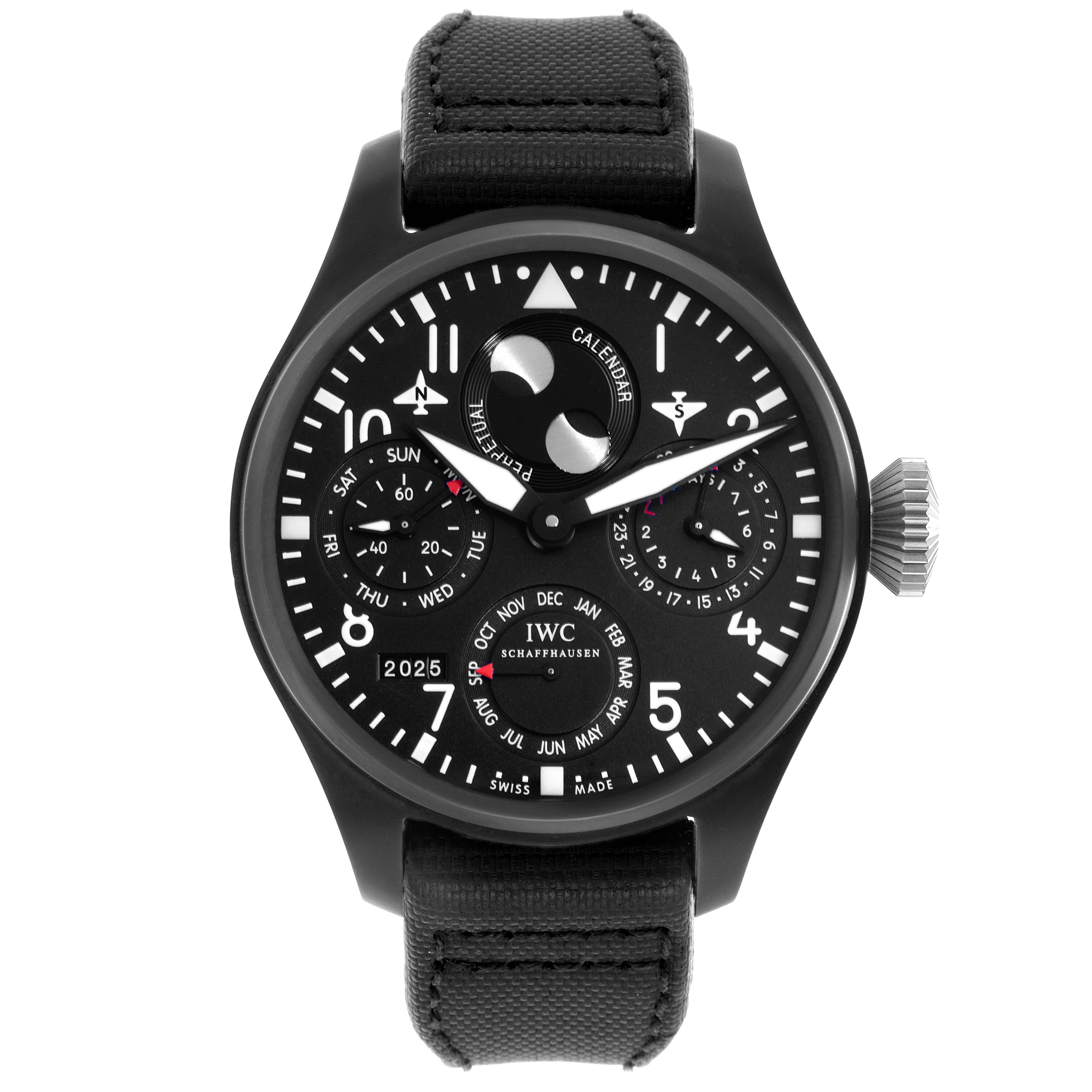 The IWC Pilot IW502902 Men
s Ceramic Black Dial watch is shown from a front angle, displaying its face, strap, and crown.