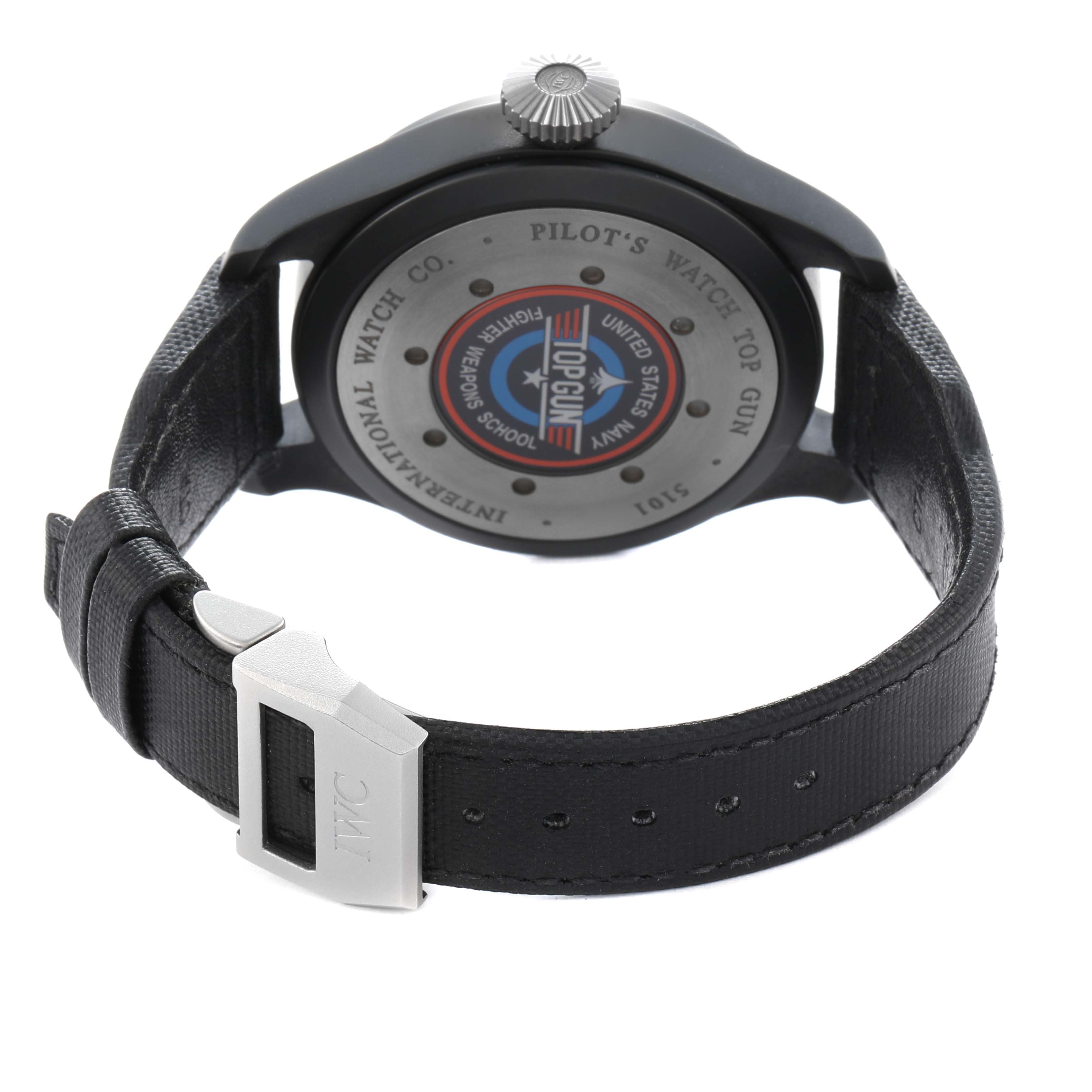 The IWC Pilot IW502902 Men
s Ceramic Black Dial model is shown from the back, displaying the case back and leather strap with buckle.