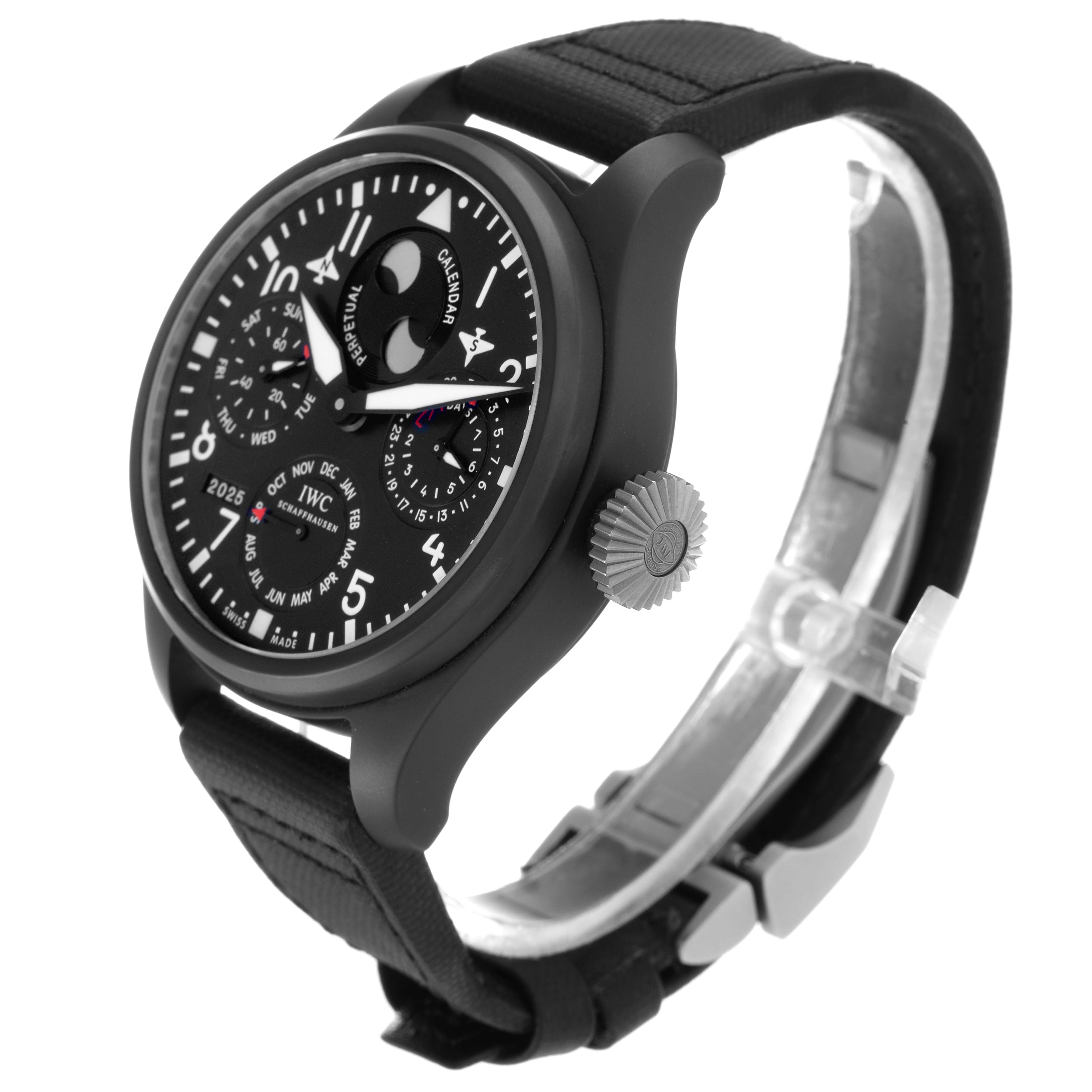 The IWC Pilot IW502902 Men
s Ceramic Black Dial watch is shown at a slight angle, revealing the face, case, crown, and strap.