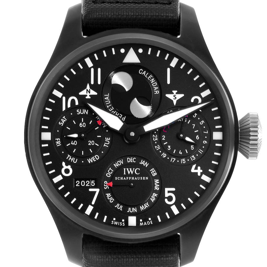The IWC Pilot IW502902 Men's Ceramic Black Dial model watch is shown from a front angle, displaying its dials and calendar features.
