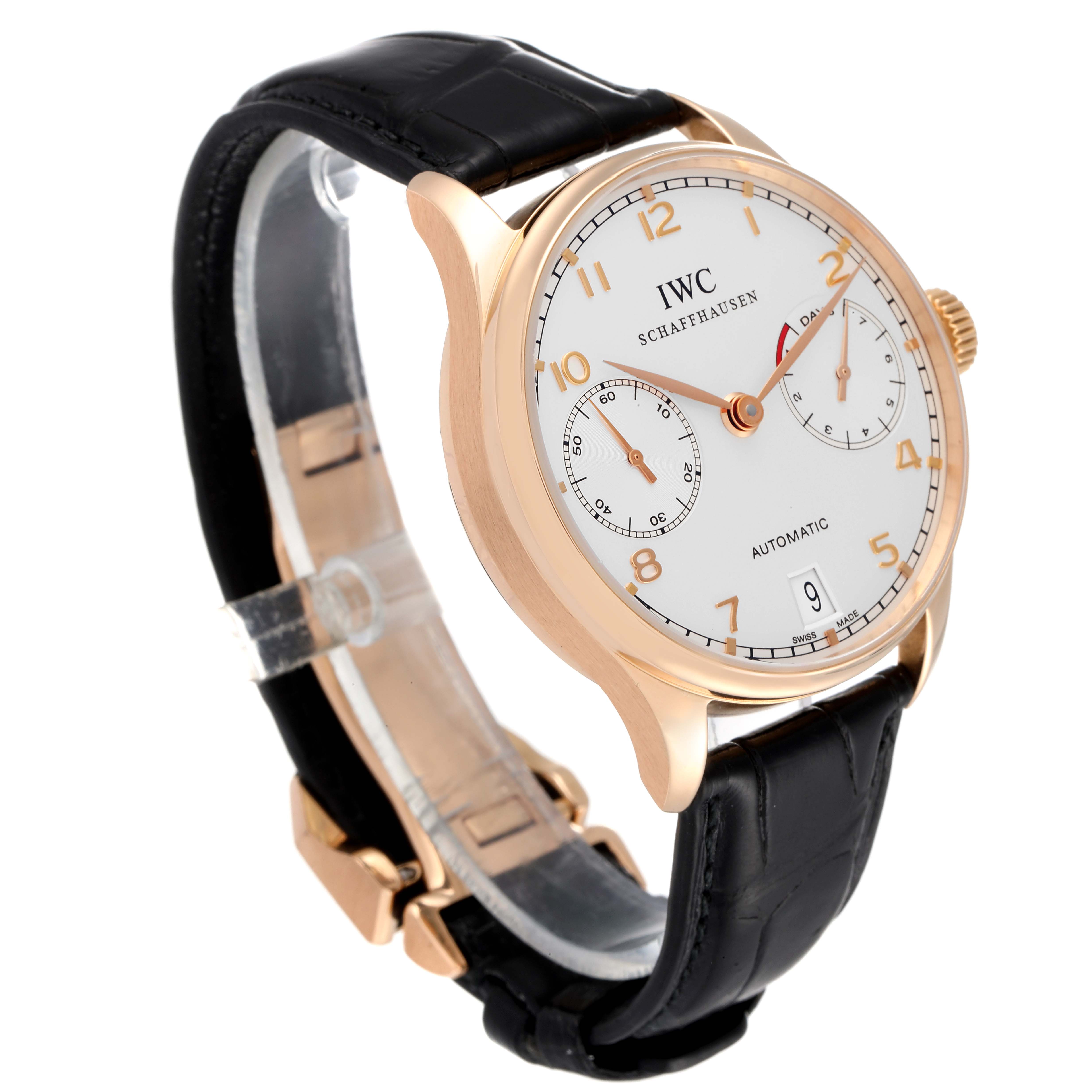 The image shows an IWC Portuguese IW500004 Men's Rose Gold Silver Dial IW500004 Men's Rose Gold Silver Dial model watch angled from the front-left, displaying the dial, hands, and partially the strap.