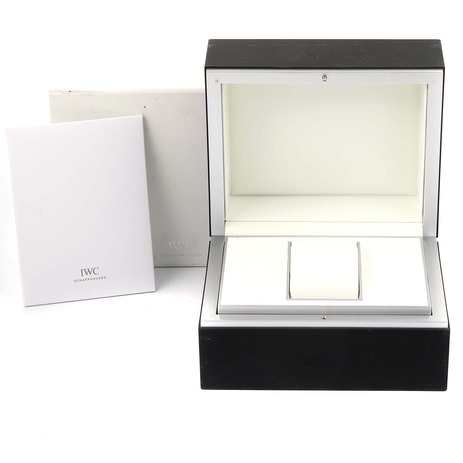 The image shows the open box, booklet, and outer packaging for the IWC Portuguese IW500004 Men's Rose Gold Silver Dial IW500004 Men's Rose Gold Silver Dial model.