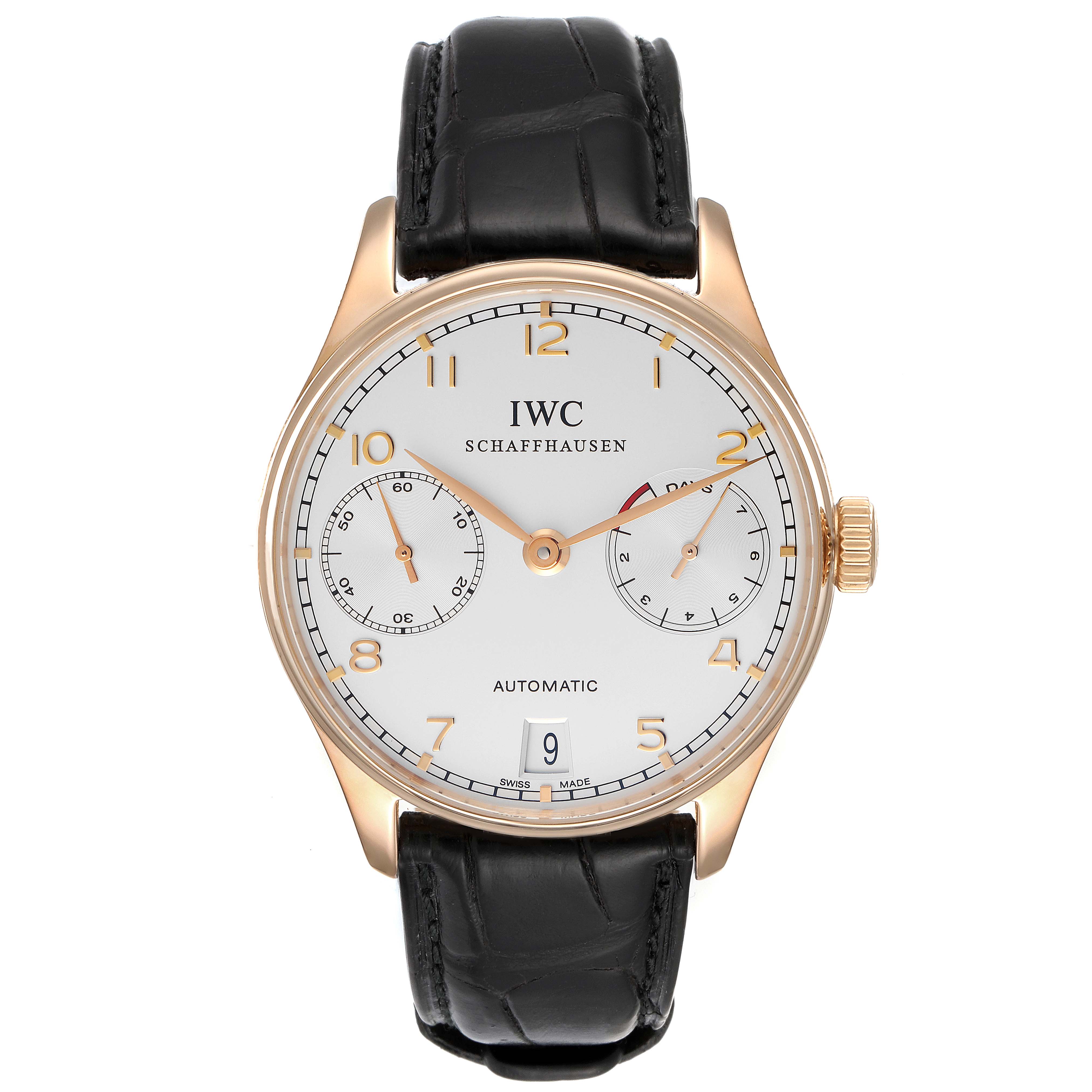 The image shows a front view of an IWC Portuguese IW500004 Men's Rose Gold Silver Dial IW500004 Men's Rose Gold Silver Dial model watch with a black leather strap and a gold case.