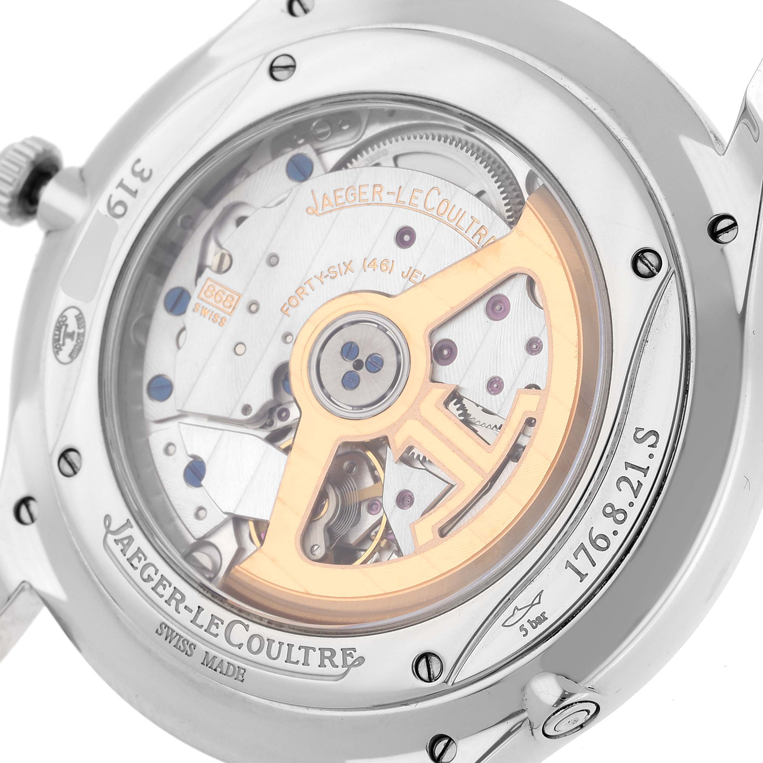 This image shows the back view of the Jaeger-LeCoultre Master model watch, focusing on its mechanism and engravings.