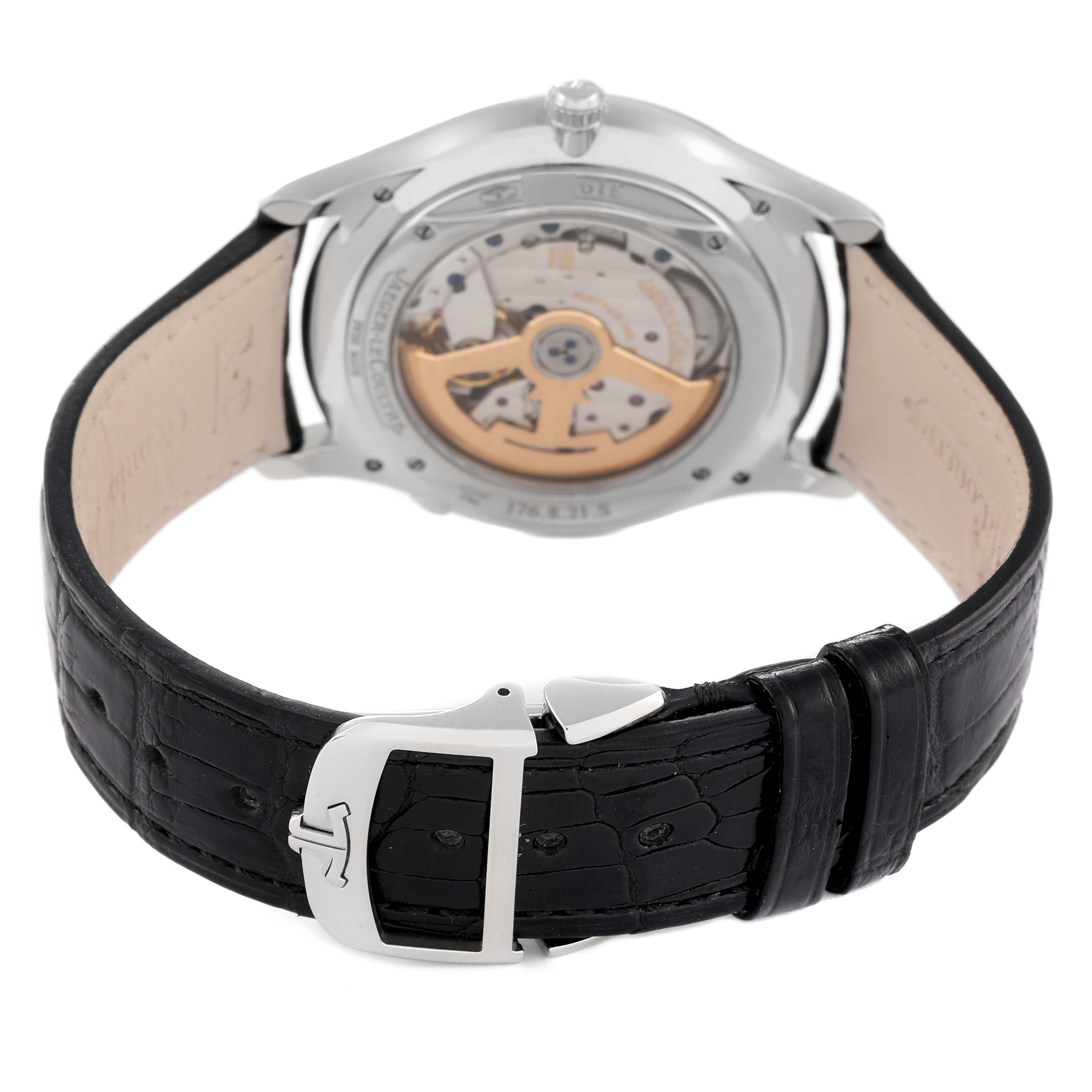 The image shows the back view of the Jaeger LeCoultre Master Q1308470 Men's Stainless Steel Black Dial Q1308470 Men's Stainless Steel Black Dial watch, highlighting the automatic movement and black leather strap.