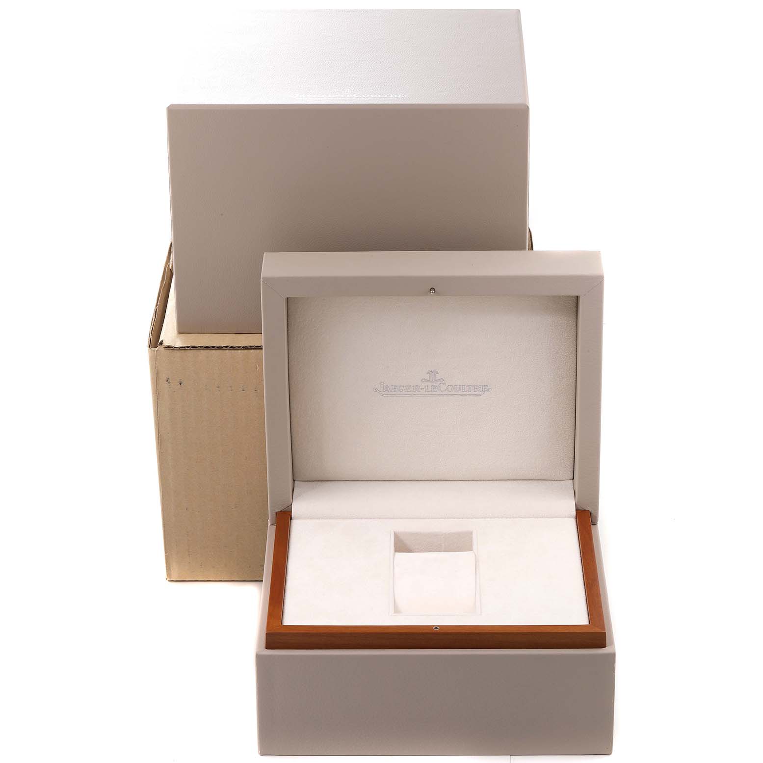 The image shows the open and closed boxes for the Jaeger-LeCoultre Master model watch from a front angle.