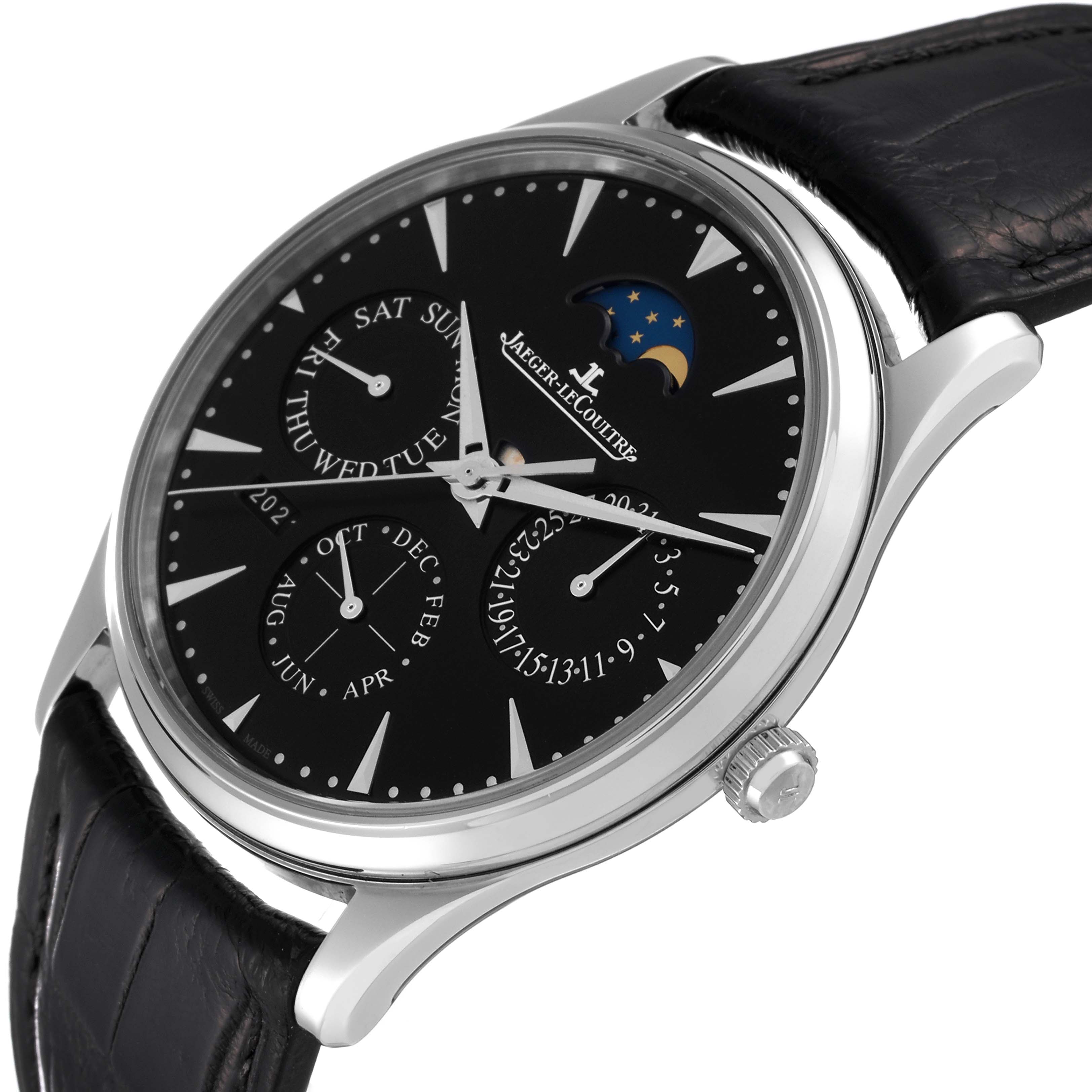 The image displays a Jaeger-LeCoultre Master model watch from a slight side angle, highlighting the dial, crown, and strap.