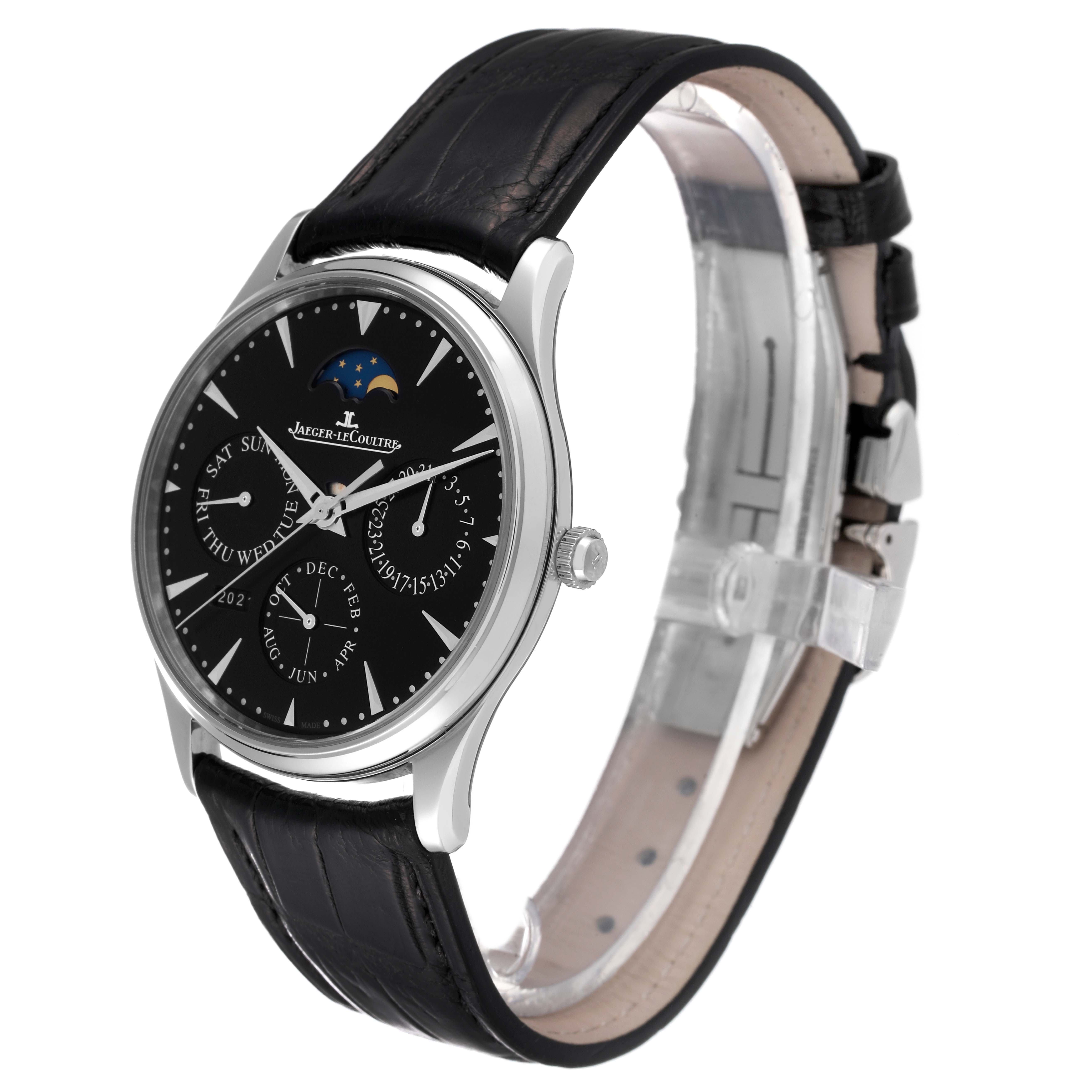 The Jaeger-LeCoultre Master watch is shown at a three-quarter angle, highlighting the face, crown, and leather strap.