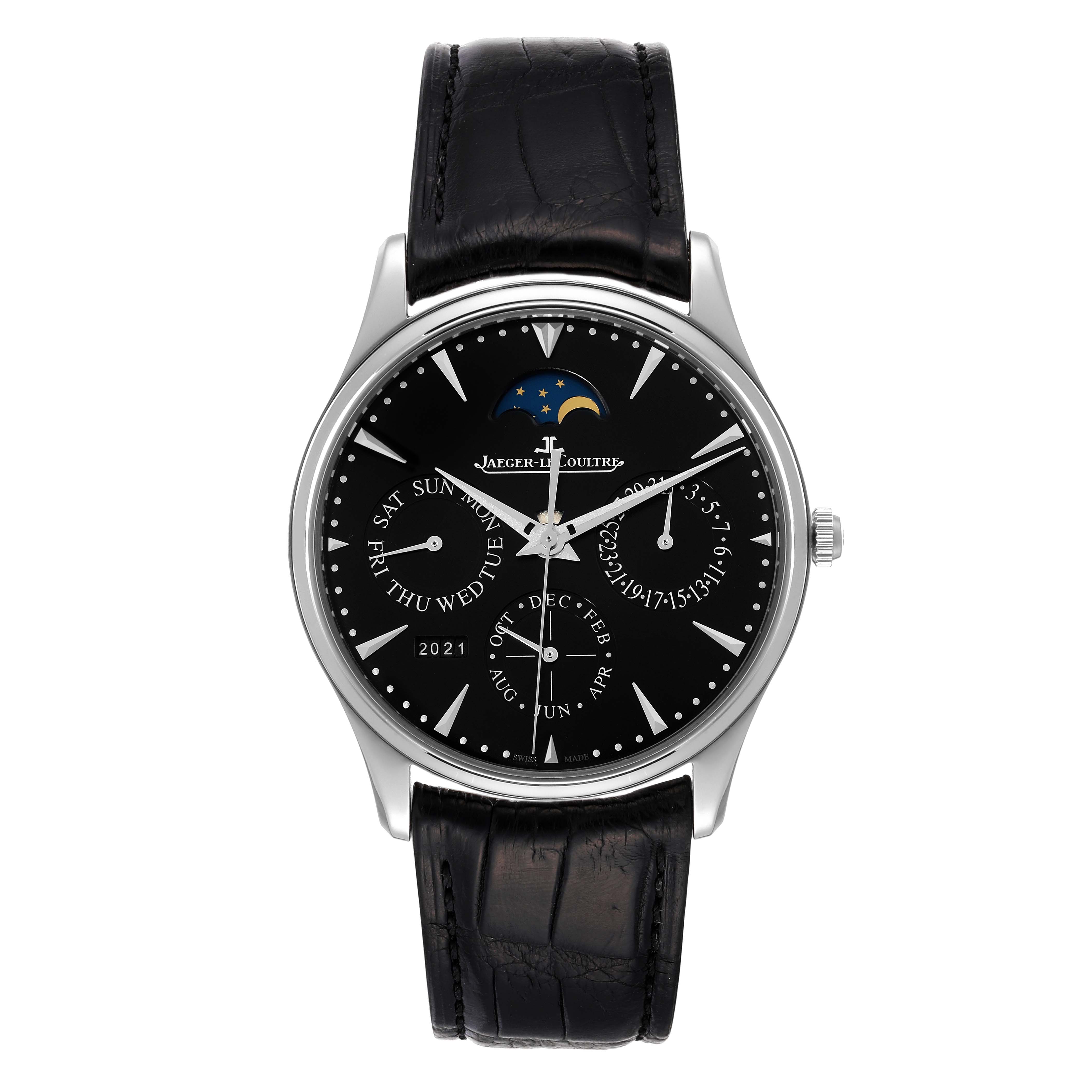The image shows a front view of a Jaeger LeCoultre Master Q1308470 Men's Stainless Steel Black Dial Q1308470 Men's Stainless Steel Black Dial model watch with a black leather strap and multiple sub-dials.