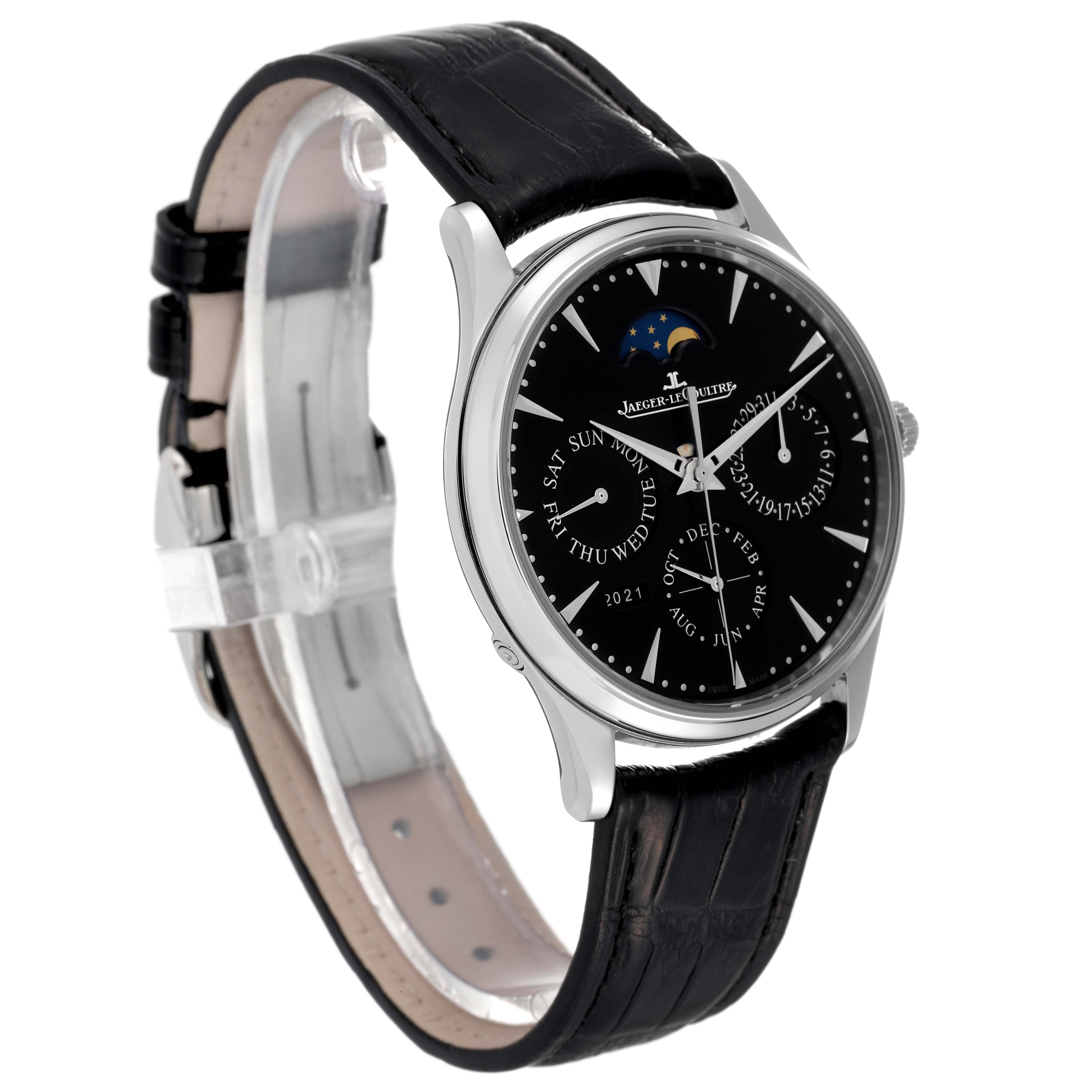The image shows a Jaeger-LeCoultre Master model watch at an angled view, highlighting its black dial, moon phase, and leather strap.