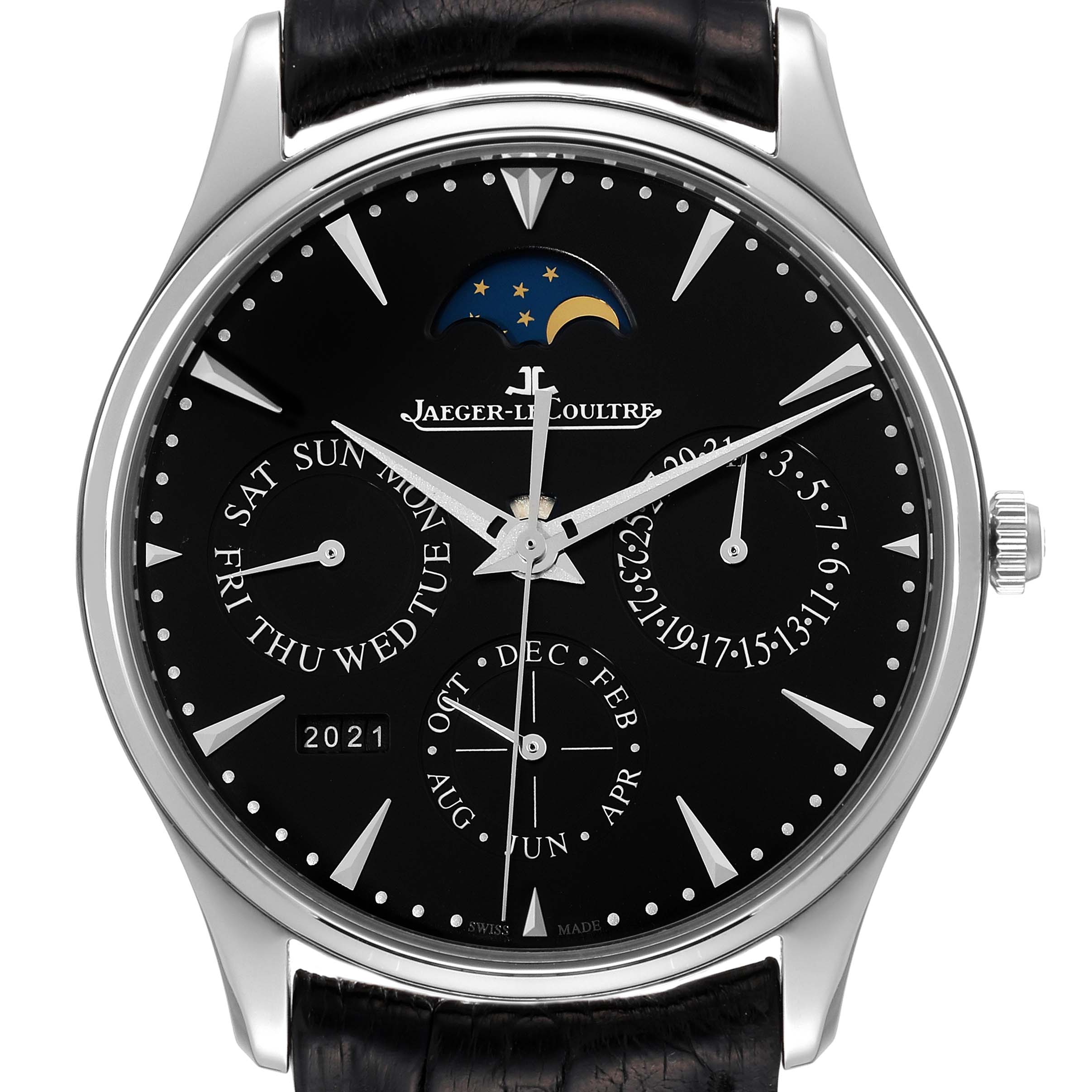 The Jaeger-LeCoultre Master model watch is shown from a front angle, displaying the dial with calendar functions and moon phase.