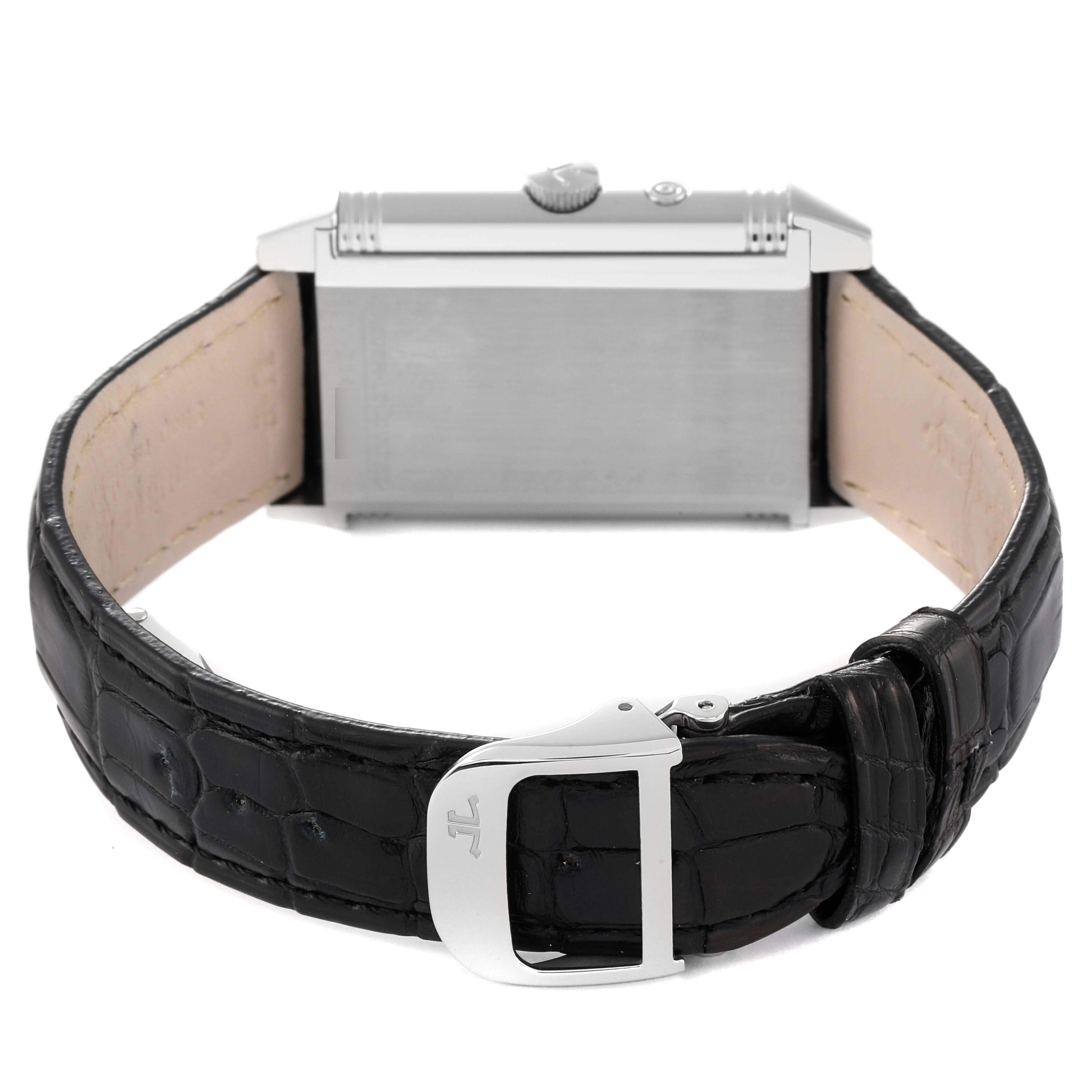 The image shows the back view of a Jaeger LeCoultre Reverso Q270854 Men's Stainless Steel Silver Dial Q270854 Men's Stainless Steel Silver Dial watch with a black leather strap and visible stainless steel buckle.