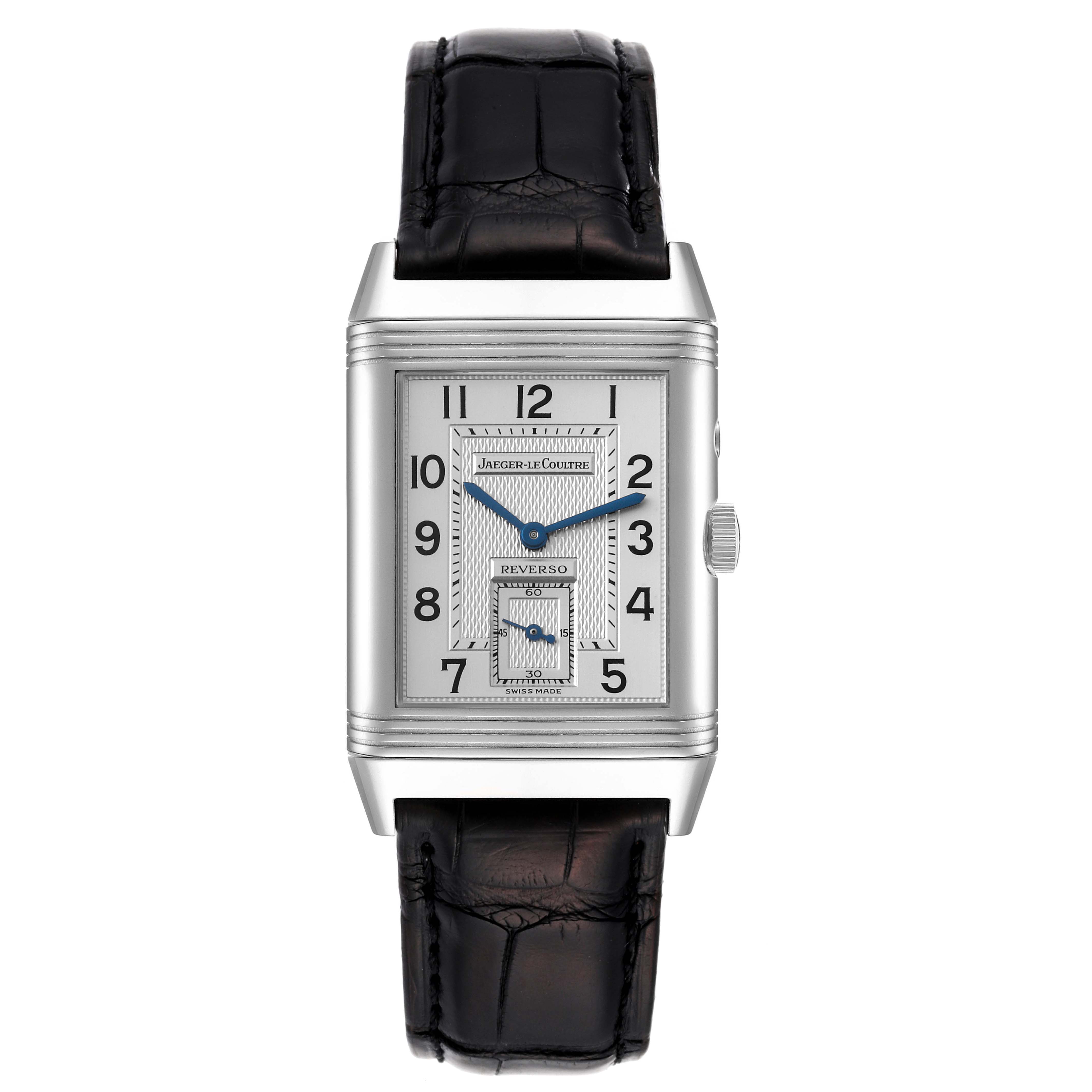 The image shows a front view of a Jaeger LeCoultre Reverso Q270854 Men's Stainless Steel Silver Dial Q270854 Men's Stainless Steel Silver Dial watch featuring a rectangular dial and a black leather strap.