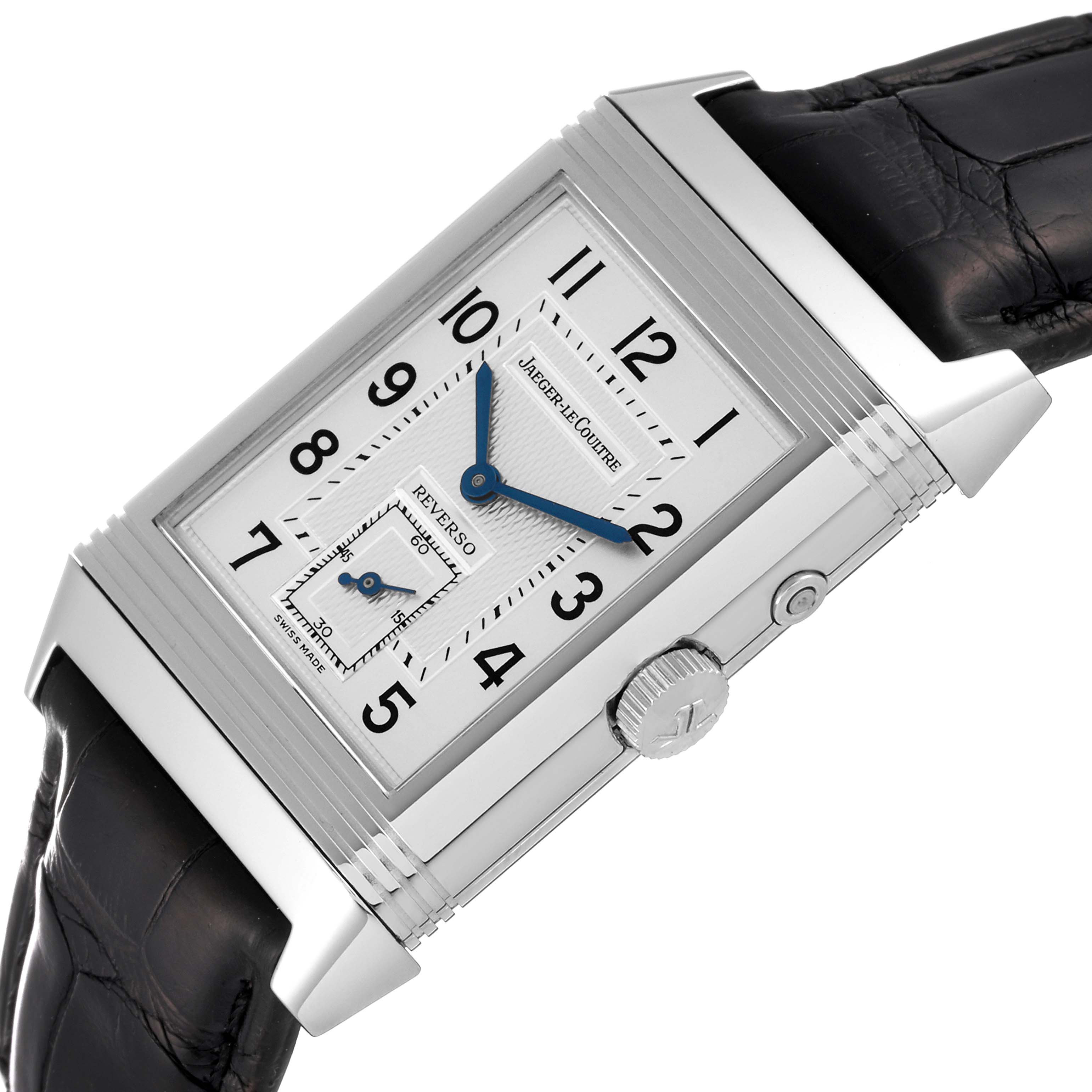 This image shows a Jaeger-LeCoultre Reverso watch angled slightly to display the dial, crown, and part of the strap.