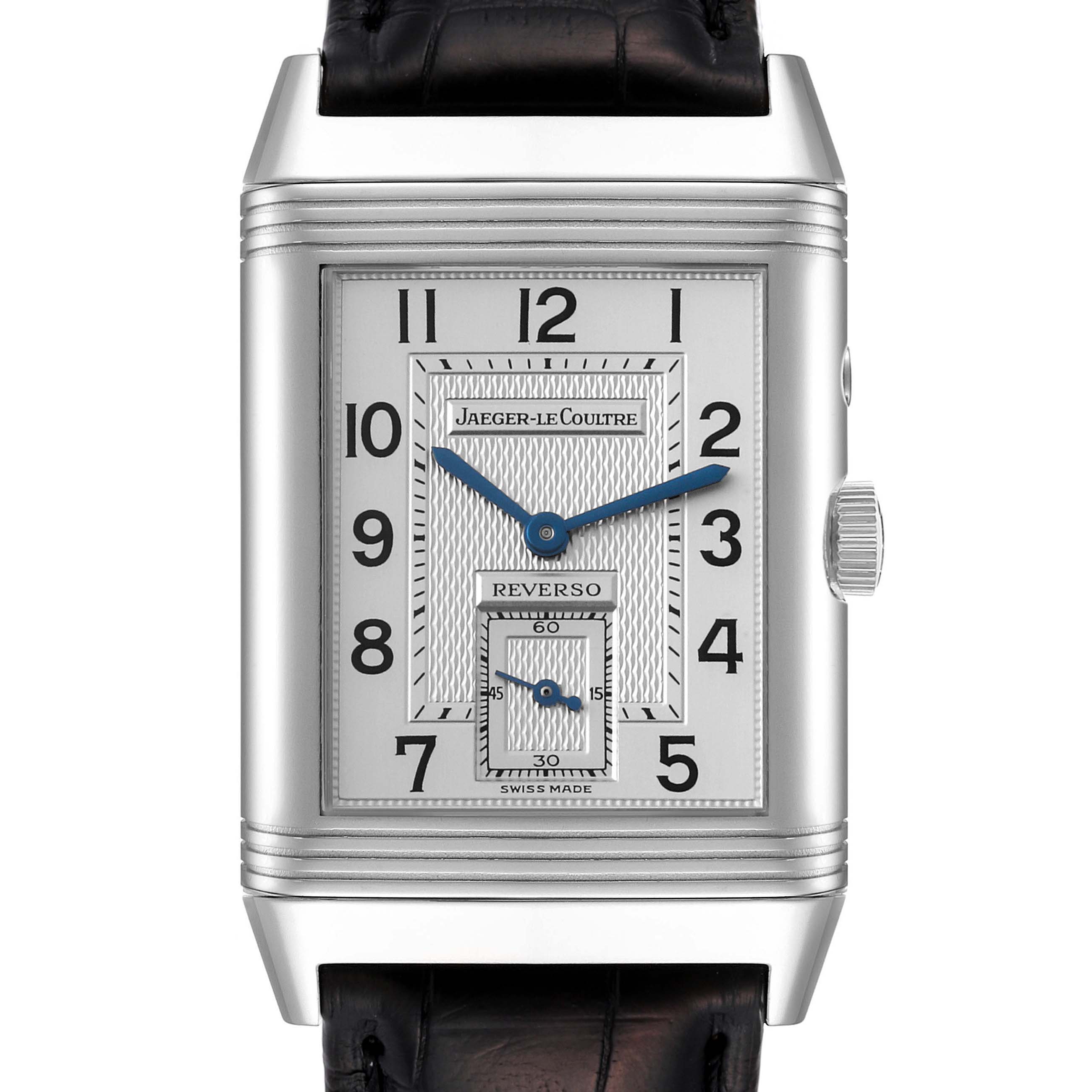 The image shows a frontal view of the face of a Jaeger-LeCoultre Reverso watch, displaying its dial, crown, and a segment of the strap.