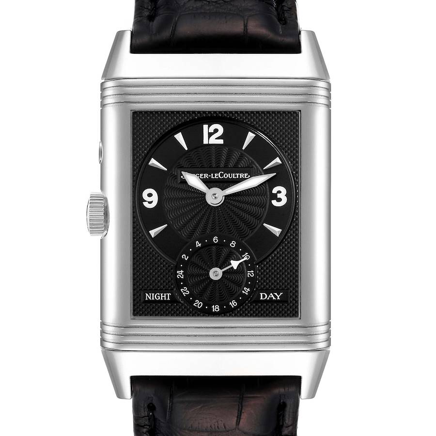 The image shows a front view of the Jaeger-LeCoultre Reverso watch, highlighting its square dial and silver casing with a leather strap.