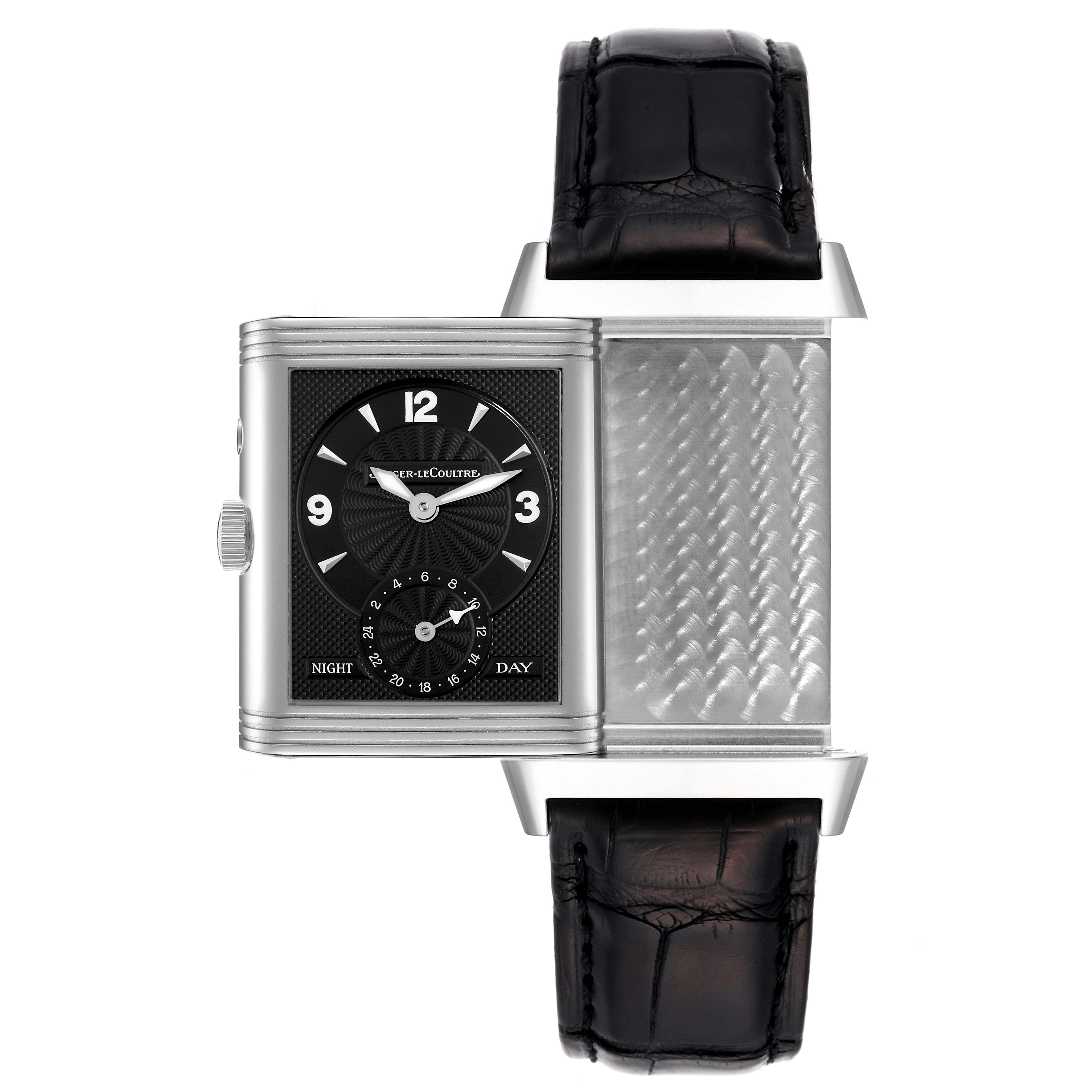 The image shows a Jaeger LeCoultre Reverso Q270854 Men's Stainless Steel Silver Dial Q270854 Men's Stainless Steel Silver Dial watch with the case swiveled, revealing both the dial and the reverse side.