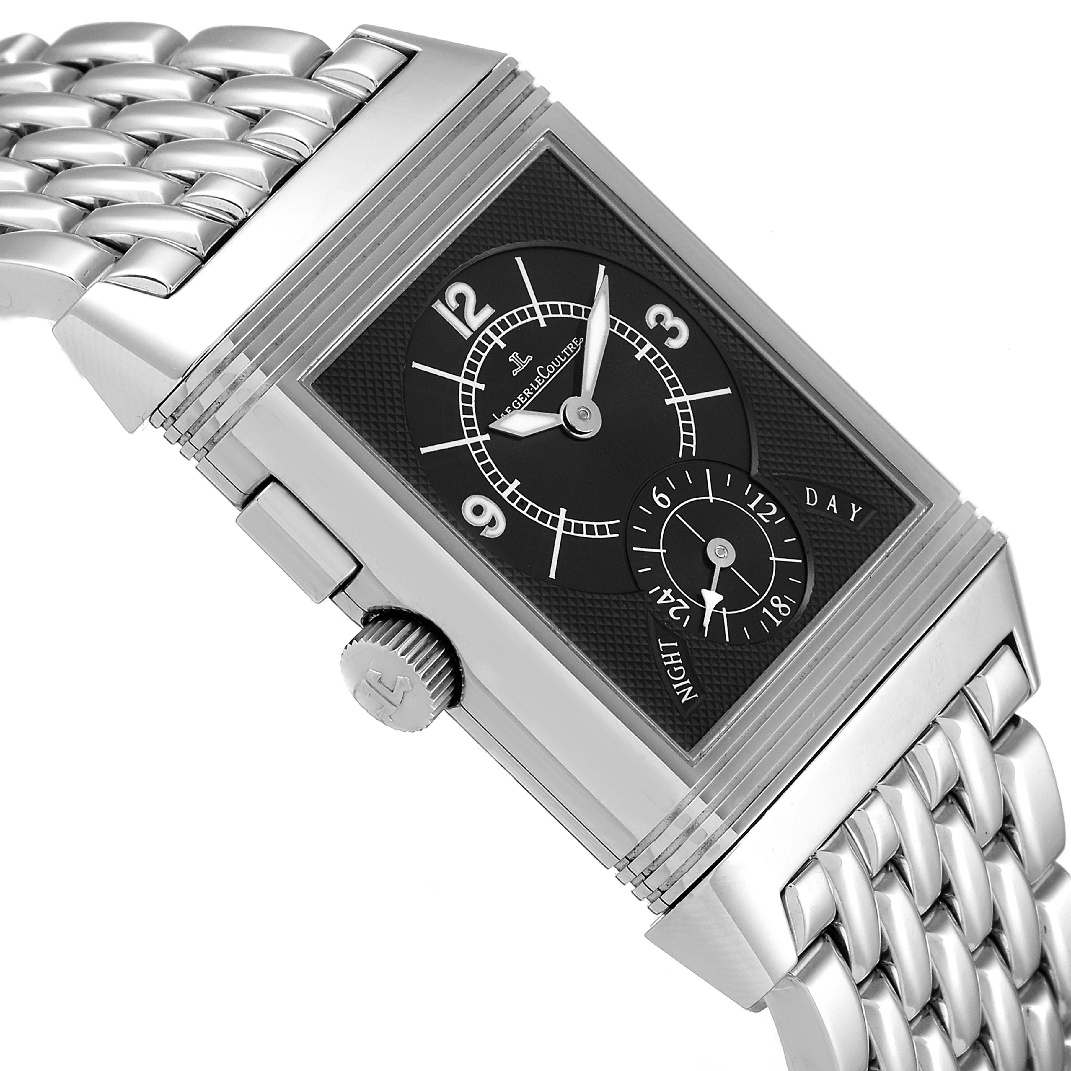 This is a close-up of the Jaeger LeCoultre Reverso Q2458420 Men's Stainless Steel Silver Dial Q2458420 Men's Stainless Steel Silver Dial watch, showing the face, crown, and metal linked bracelet.