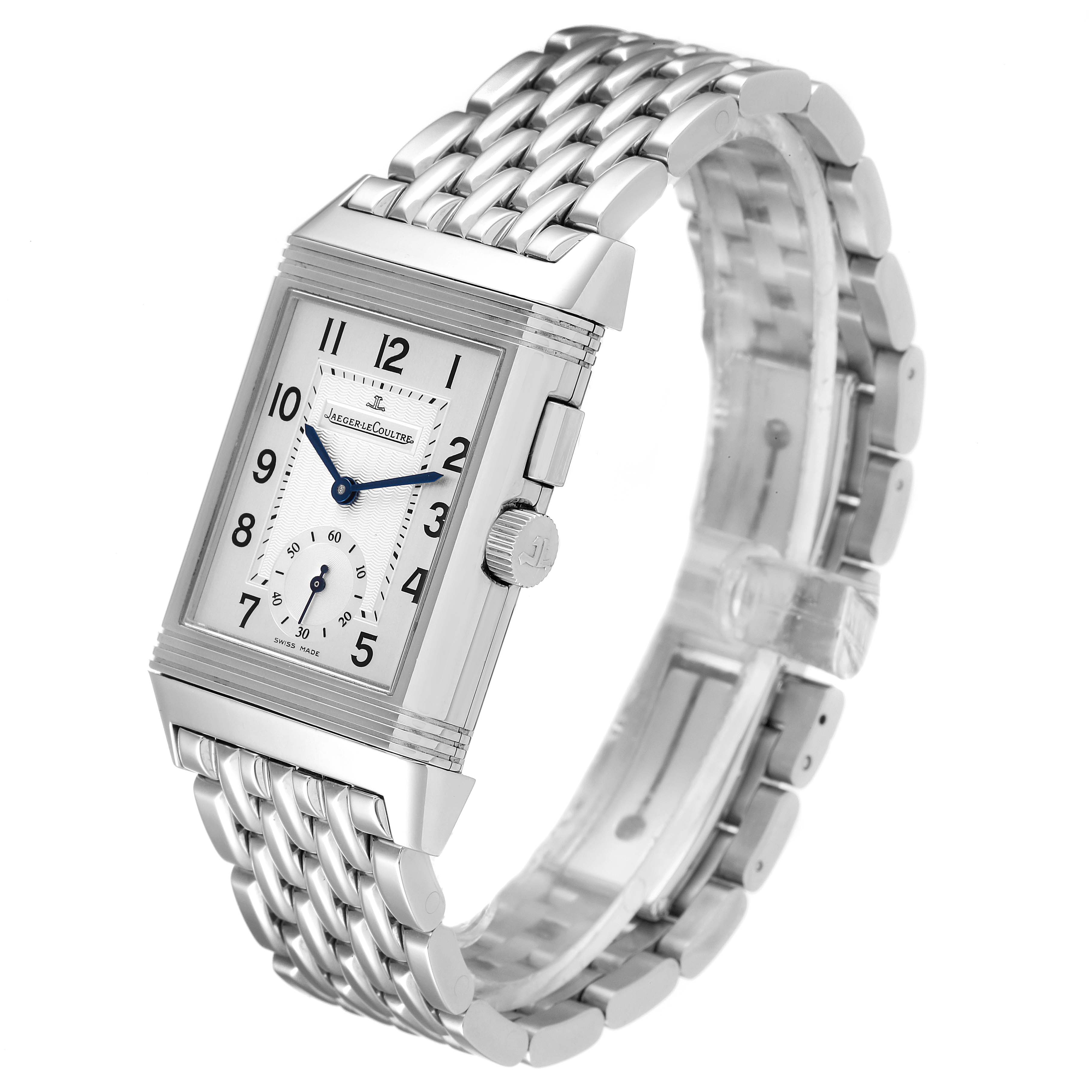 The Jaeger LeCoultre Reverso Q2458420 Men's Stainless Steel Silver Dial Q2458420 Men's Stainless Steel Silver Dial watch is shown at a three-quarter angle, highlighting the face, crown, and metal bracelet.