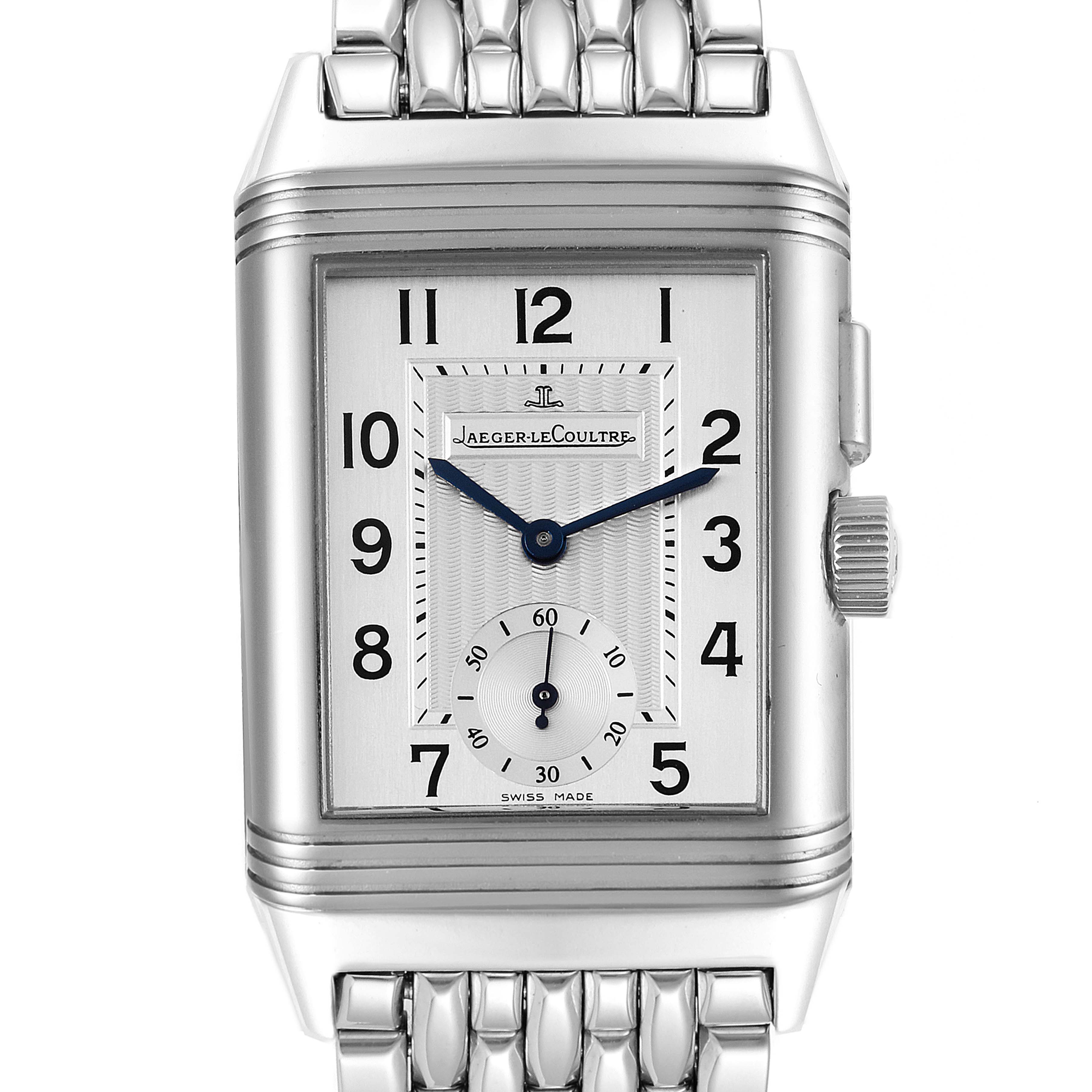 This image shows a frontal view of a Jaeger-LeCoultre Reverso watch, highlighting its rectangular face, Arabic numerals, and bracelet.
