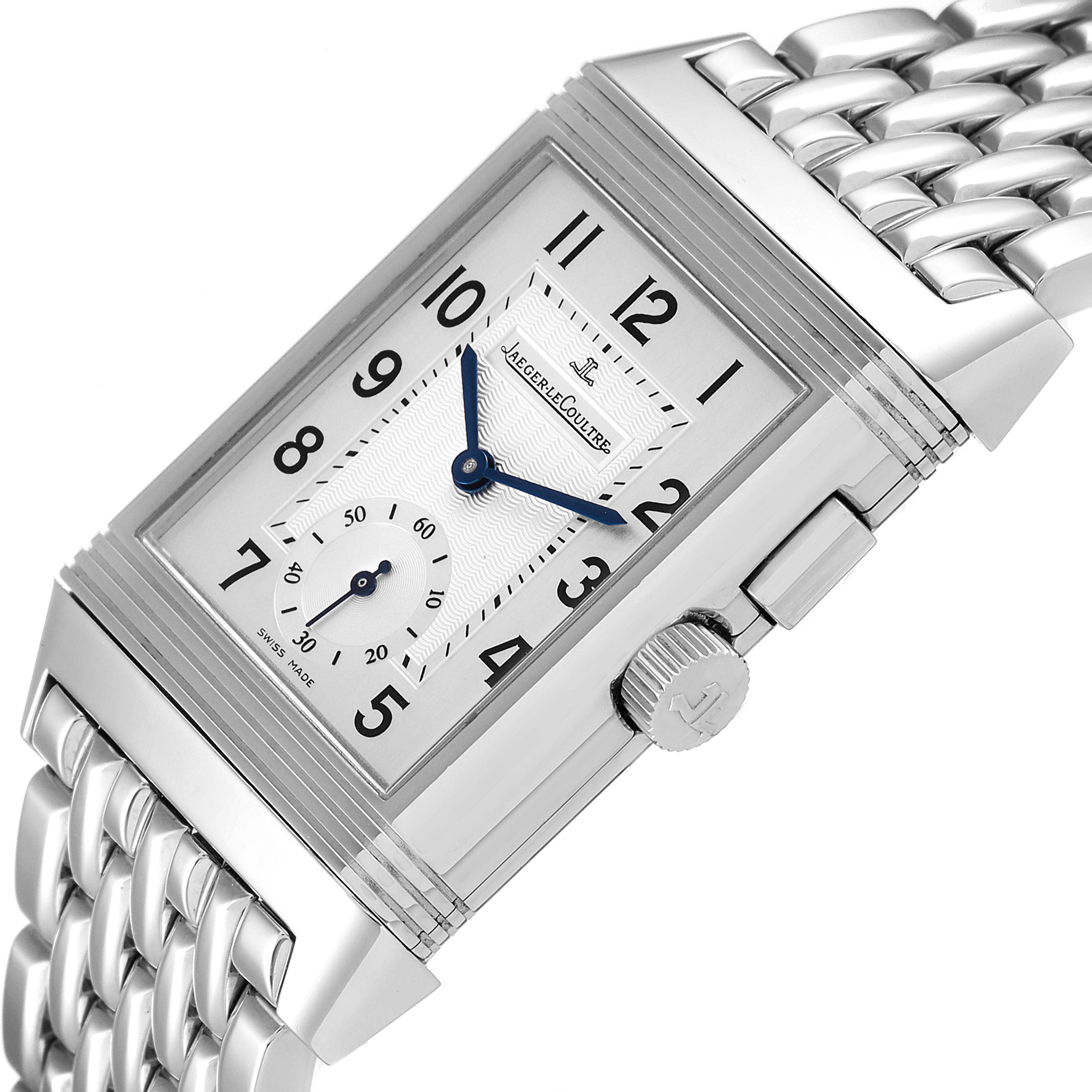 The image shows a close-up angled view of the Jaeger LeCoultre Reverso Q2458420 Men's Stainless Steel Silver Dial Q2458420 Men's Stainless Steel Silver Dial watch, displaying the dial, side crown, and metal bracelet.