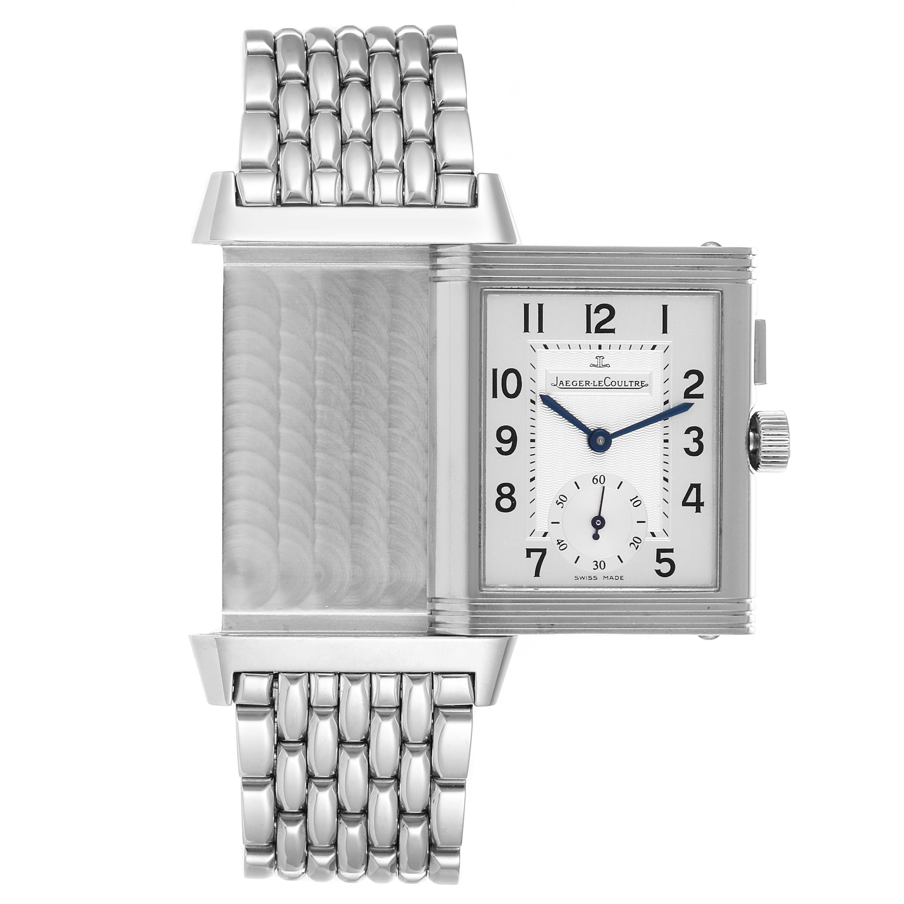 The image shows a Jaeger LeCoultre Reverso Q2458420 Men's Stainless Steel Silver Dial Q2458420 Men's Stainless Steel Silver Dial watch in a partially reversed position, revealing the metal strap and case back.