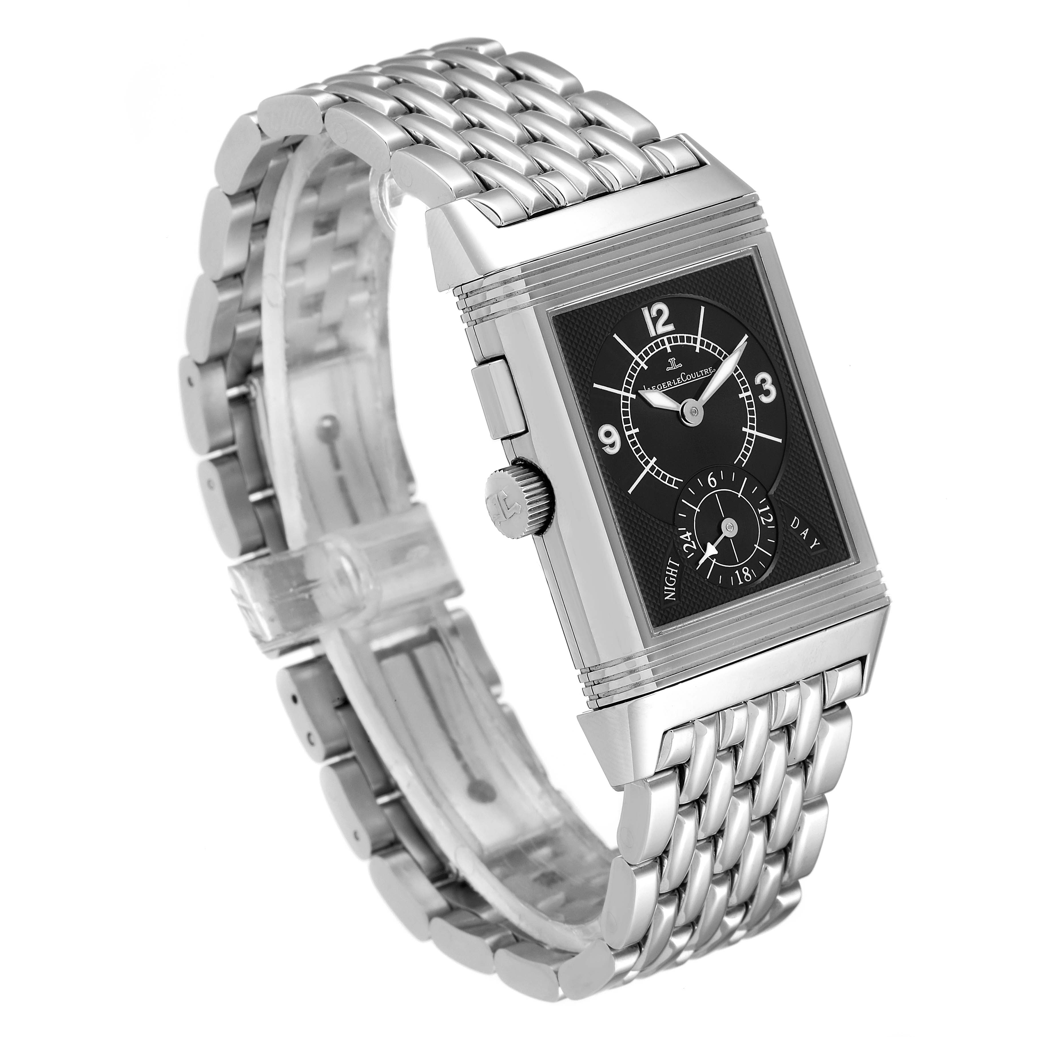 This image shows a Jaeger-LeCoultre Reverso watch at a three-quarter angle, highlighting the dial, crown, and metal bracelet.