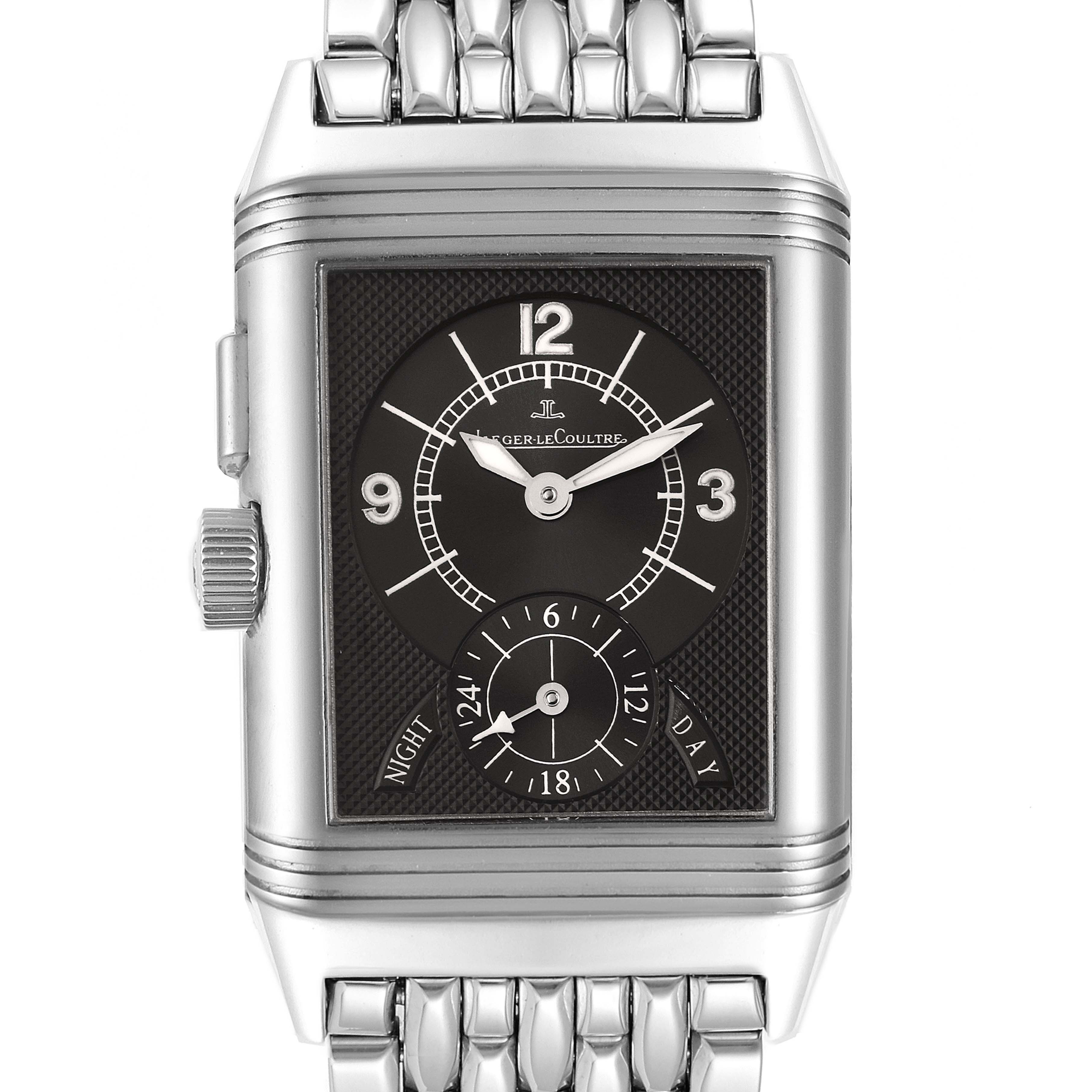 This image shows a front view of the Jaeger LeCoultre Reverso Q2458420 Men's Stainless Steel Silver Dial Q2458420 Men's Stainless Steel Silver Dial watch, highlighting the dial, crown, and metal bracelet.