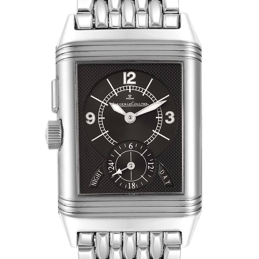 This image shows a front view of the Jaeger LeCoultre Reverso watch, highlighting the dial, crown, and metal bracelet.