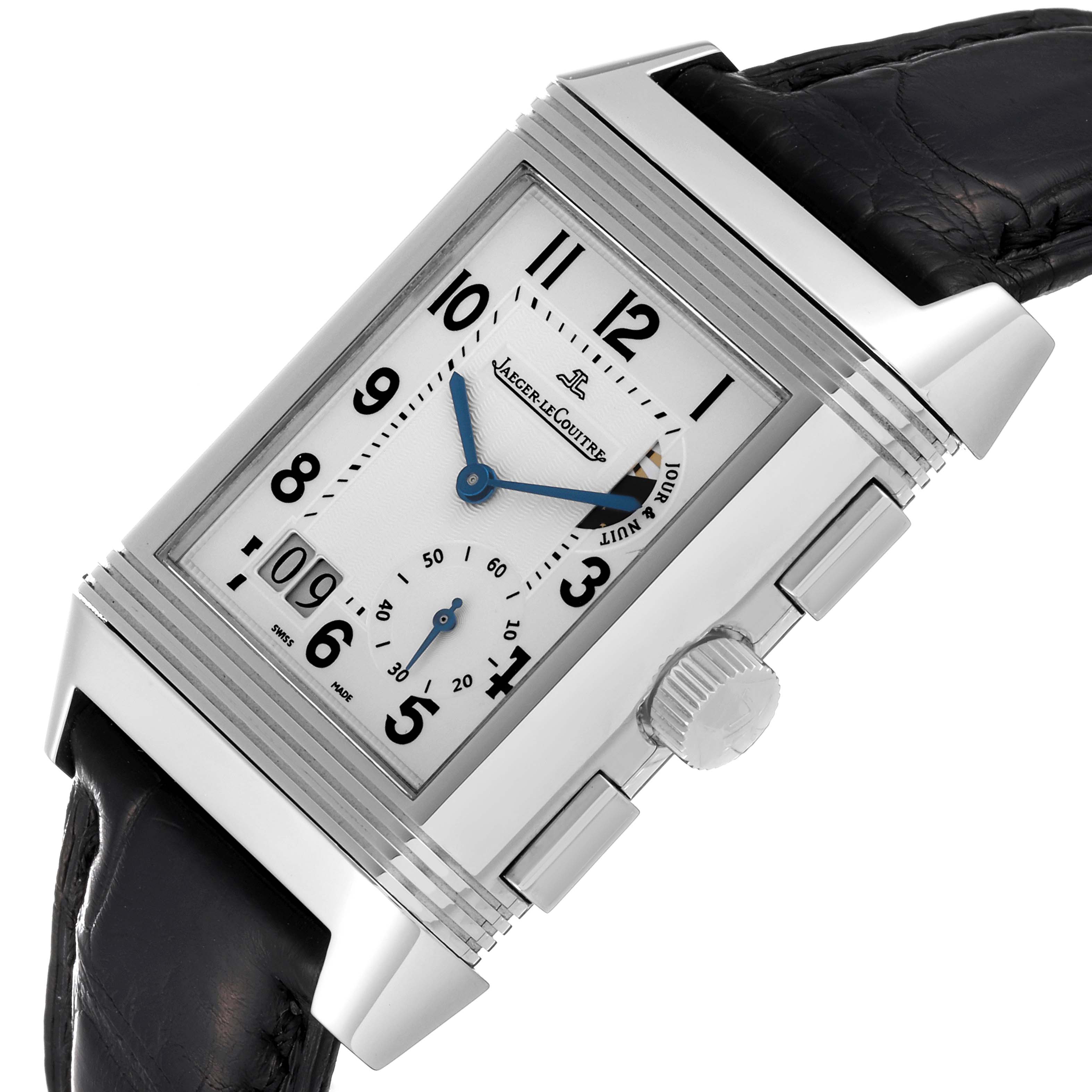 The Jaeger LeCoultre Reverso Q3028420 Men
s Stainless Steel Silver Dial Q3028420 Men
s Stainless Steel Silver Dial watch is shown at a slight angle, highlighting the crown, dial, and leather strap.